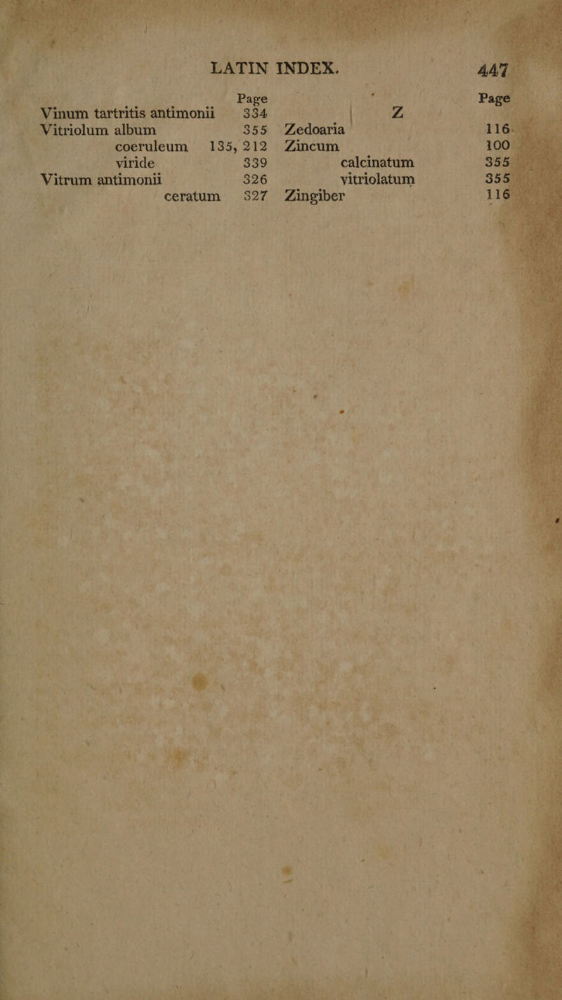    pate are tartritis antimonii 334 pT Vitriolum album Past t a” aa coeruleum 135, 212 viride 339 _ Vitrum antimonii 326 4 ceratum 327 ; age a Y      li Z calcinatum vitriolatum