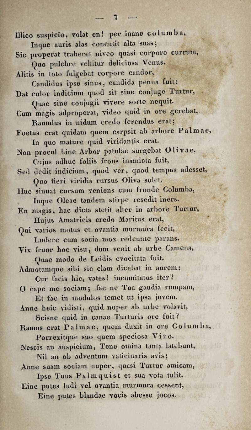 lllico suspicio, volat en! per inane columba, Inque auris alas concutit alta suas; Sic properat traheret niveo quasi corpore currum, Quo pulchre vehitur deliciosa Yenus. Alitis in toto fulgebat corpore candor, Candidus ipse sinus, candida penna fuit: Dat color indicium quod sit sine conjuge Turtur, Quae sine conjugii vivere sorte nequit. Cum magis adproperat, video quid in ore gerebat. Ramulus in nidum credo ferendus erat; Foetus erat quidam quem carpsit ab arbore Palmae, In quo mature quid viridantis erat. Non procul hinc Arbor patulae surgebat Olivae, Cujus adhuc foliis frons inamicta fuit. Sed dedit indicium, quod ver, quod tempus adesset, Quo heri viridis rursus Oliva solet. Huc sinuat cursum veniens cum fronde Columba, Inque Oleae tandem stirpe resedit iners. En magis, hac dicta stetit alter in arbore Turtur, Hujus Amatricis credo Maritus erat. Qui varios motus et ovantia murmura fecit, Ludere cum socia mox redeunte parans. Vix fruor hoc visu, dum venit ab urbe Camena, Quae modo de Leidis evocitata fuit. Admotamque sibi sic clam dicebat in aurem: Cur facis hic, vates! incomitatus iter? O cape me sociam; fac ne Tua gaudia rumpam. Et fac in modulos temet ut ipsa juvem. Anne heic vidisti, quid nuper ab urbe volavit, Scisne quid in canae Turturis ore fuit? Ramus erat Palmae, quem duxit in ore Columba, Porrexitque suo quem speciosa Viro. Nescis an auspicium, Tene omina tanta latebunt, Nil an oh adventum vaticinaris avis; Anne suam sociam nuper, quasi Turtur amicam. Ipse Tuus Palmquist et sua vota tulit. Eine putes ludi vel ovantia murmura cessent, Eine putes blandae vocis abesse jocos.