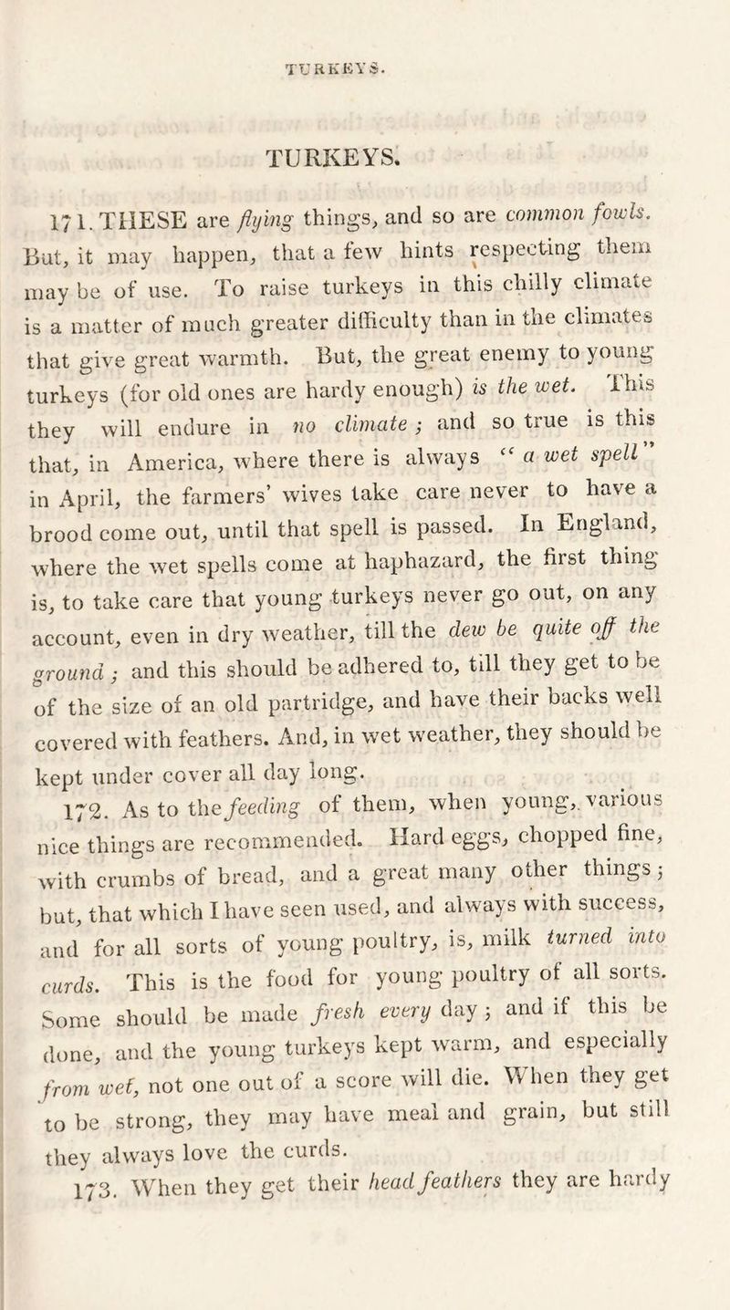 TURKEYS. 171. THESE are flying things, and so are common fowls. But, it may happen, that a tew hints respecting them may be of use. To raise turkeys in this chilly climate is a matter of much greater difficulty than in the climates that give great warmth. But, the great enemy to young turkeys (for old ones are hardy enough) is the wet. -this they will endure in no climate ; and so true is this that, in America, where there is always cf a wet spell” in April, the farmers’ wives take care never to have a brood come out, until that spell is passed. In England, where the wet spells come at haphazard, the first thing is, to take care that young turkeys never go out, on any account, even in dry weather, till the dew be quite off the ground ; and this should be adhered to, till they get to be of the size of an old partridge, and have their backs well covered with feathers. And, in wet weather, they should be kept under cover all day long. 172. As to the feeding of them, when young,, various nice things are recommended. Hard eggs, chopped fine, with crumbs of bread, and a great many other things 5 but, that which I have seen used, and always with success, and for all sorts of young poultry, is, milk turned into curds. This is the food for young poultry of all sorts. Some should be made fresh every day 3 and if this be done, and the young turkeys kept warm, and especially from wet, not one out of a score will die. W hen they get to be strong, they may have meal and grain, but still they always love the curds. 173. When they get their head feathers they are hardy