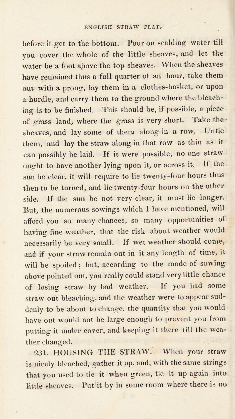 before it get to the bottom. Pour on scalding water till vou cover the whole of the little sheaves, and let the water be a foot af>ove the top sheaves. When the sheaves have remained thus a full quarter of an hour, take them out with a prong, lay them in a clothes-basket, or upon a hurdle, and carry them to the ground where the bleach- ing is to be finished. This should be, if possible, a piece of grass land, where the grass is very short. Take the sheaves, and lay some of them along in a row. Untie them, and lay the straw along in that row as thin as it can possibly be laid. If it were possible, no one straw ought to have another lying upon it, or across it. If the sun be clear, it will require to lie twenty-four hours thus then to be turned, and lie twenty-four hours on the other side. If the sun be not very clear, it must lie longer. But, the numerous sowings which I have mentioned, will afford you so many chances, so many opportunities of havinpr fine weather, that the risk about weather would necessarily be very small. If wet weather should come, and if your straw remain out in it any length of time, it will be spoiled; but, according to the mode of sowing above pointed out, you really could stand very little chance of losing straw by bad weather. If you had some straw out bleaching, and the weather were to appear sud- denly to be about to change, the quantity that you would have out would not be large enough to prevent you from putting it under cover, and keeping it there till the wea- ther changed. 231. HOUSING THE STRAW. When your straw is nicely bleached, gather it up, and, with the same strings that you used to tie it when green, tie it up again into little sheaves. Put it by in some room where there is no