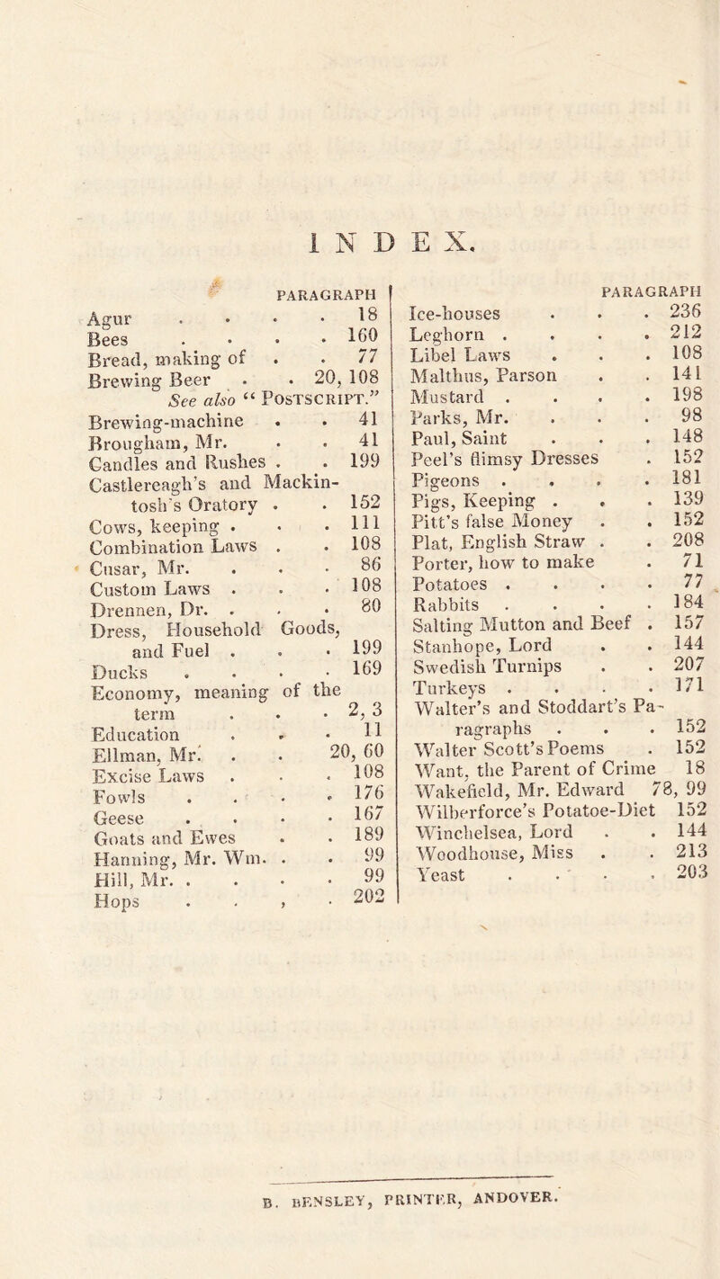 INDEX PARAGRAPH Agur • • 18 Bees • * 160 Bread, making of • • 77 Brewing Beer . 20, 108 See also “ Postscript.” B rew i n g - machi ne 41 Brougham, Mr. 41 Gandies and Rushes . Castlereagh’s and Mackin- 199 tosh's Oratory 152 Cows, keeping . 111 Combination. Laws 108 Cusar, Mr. 86 Custom Laws . 108 Drennen, Dr. . Dress, Household Goods, 80 and Fuel . 199 Ducks of the 169 Economy, meaning 2,3 term Education 11 Ellman, Mr. 20, 60 Excise Laws .108 Fowls 176 Geese 167 Goats and Ewes 189 Harming, Mr. Win. 99 Hill, Mr. . 99 Hops > 202 Xce-houses Leghorn . Libel Laws Malthas, Parson Mustard . Parks, Mr. Paul, Saint Peel’s flimsy Dresses Pigeons Pigs, Keeping . Pitt’s false Money Plat, English Straw Porter, how to make Potatoes . Rabbits Salting Mutton and Beef Stanhope, Lord Swedish Turnips Turkeys Walter’s and Stoddart’s Pa PARAGRAPH 236 212 108 141 198 98 148 152 183. 139 152 208 71 77 184 157 144 207 171 ragraphs . . .152 Walter Scott’s Poems . 152 Want, the Parent of Crime 18 Wakefield, Mr. Edward 78, 99 Wilberforce’s Potatoe-Diet 152 Winchelsea, Lord . .144 Woodhouse, Miss . . 213 Yeast . • ' • 203 N B. BF.NSLEY, PRINTER, ANDOVER.
