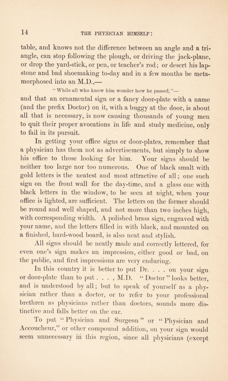 table, and knows not the difference between an angle and a tri¬ angle, can stop following the plough, or driving the jack-plane, or drop the yard-stick, or pen, or teacher’s rod; or desert his lap- stone and bad shoe making to-day and in a few months be meta¬ morphosed into an M.D.,— “While all who know him wonder how he passed,”— and that an ornamental sign or a fancy door-plate with a name (and the prefix Doctor) on it, with a buggy at the door, is about all that is necessary, is now causing thousands of young men to quit their proper avocations in life and study medicine, only to fail in its pursuit. In getting your office signs or door-plates, remember that a physician has them not as advertisements, but simply to show his office to those looking for him. Your signs should be neither too large nor too numerous. One of black smalt with gold letters is the neatest and most attractive of all; one such sign on the front wall for the day-time, and a glass one with black letters in the window, to be seen at night, when your office is lighted, are sufficient. The letters on the former should be round and well shaped, and not more than two inches high, with corresponding width. A polished brass sign, engraved with your name, and the letters filled in with black, and mounted on a finished, hard-wood board, is also neat and stylish. All signs should be neatly made and correctly lettered, for even one’s sign makes an impression, either good or bad, on the public, and first impressions are very enduring. In this country it is better to put Dr. ... on your sign or door-plate than to put . . . , M.D. “ Doctor ” looks better, and is understood by all; but to speak of yourself as a phy¬ sician rather than a doctor, or to refer to your professional brethren as physicians rather than doctors, sounds more dis¬ tinctive and falls better on the ear. To put “ Physician and Surgeon” or “Physician and Accoucheur, or other compound addition, on your sign would seem unnecessary in this region, since all physicians (except