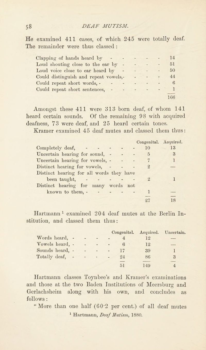 He examined 411 cases, of which 245 were totally deaf. The remainder were thus classed : Clapping of hands heard by - - - - - 14 Loud shouting close to the ear by - - - - 51 Loud voice close to ear heard by - - - - 50 Could distinguish and repeat vowels,- - - - 44 Could repeat short words, ------ 6 Could repeat short sentences, - - - - - 1 166 Amongst these 411 were 313 born deaf, of whom 141 heard certain sounds. Of the remaining 98 with acquired deafness, 73 were deaf, and 25 heard certain tones. Kramer examined 45 deaf mutes and classed them thus: Congenital. Acquired. Completely deaf, - - - - - 10 13 Uncertain hearing for sound, - - - 5 3 Uncertain hearing for vowels, - - - 7 1 Distinct hearing for vowels, - - - 2 — Distinct hearing for all words they have been taught, ----- 2 1 Distinct hearing for many words not known to them, ----- 1 — 27 18 Hartmann^ examined 204 deaf mutes at the Berlin In¬ stitution, and classed them thus: Words heard, - Congenital. 4 Acquired. 12 Uncertain. Vowels heard, - - - 6 12 — Sounds heard, - - - 17 39 1 Totally deaf, - • 24 86 3 51 149 4 Hartmann classes Toynbee’s and Kramer’s examinations and those at the two Baden Institutions of Meersburg and Gerlachsheim along with his own, and concludes as follows: “More than one half (60'2 per cent.) of all deaf mutes ^ Hartmann, Deaf Alutism, 1880.