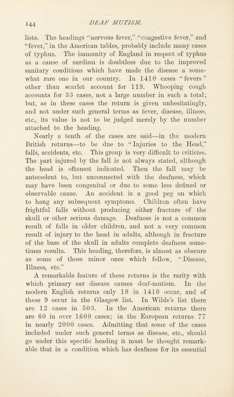 lists. The headings “nervous fever/’ “congestive fever/’ and “fever,” in the American tables, probably include many cases of typhus. The immunity of England in respect of typhus as a cause of surdism is doubtless due to the improved sanitary conditions which have made the disease a some¬ what rare one in our country. In 1410 cases “fevers” other than scarlet account for 119. Whooping cough accounts for 33 cases, not a large number in such a total; but, as in these cases the return is given unhesitatingly, and not under such general terms as fever, disease, illness, etc., its value is not to be judged merely by the number attached to the heading. Nearly a tenth of the cases are said—in the modern British returns—to be due to “Injuries to the Head,” falls, accidents, etc. This group is very difficult to criticise. The part injured by the fall is not always stated, although the head is oftenest indicated. Then the fall may be antecedent to, but unconnected with the deafness, which may have been congenital or due to some less defined or observable cause. An accident is a good peg on which to hang any subsequent symptoms. Children often have frightful falls without producing either fracture of the skull or other serious damage. Deafness is not a common result of falls in older children, and not a very common result of injury to the head in adults, although in fracture of the base of the skull in adults complete deafness some¬ times results. This heading, therefore, is almost as obscure as some of those minor ones which follow, “ Disease, Illness, etc.” A remarkable feature of these returns is the rarity with which primary ear disease causes deaf-mutism. In the modern English returns only 18 in 1410 occur, and of these 9 occur in the Glasgow list. In Wilde’s list there are 12 cases in 503. In the American returns there are 60 in over 1,600 cases; in the European returns 77 in nearly 2000 cases. Admitting that some of the cases included under such general terms as disease, etc., should go under this specific heading it must be thought remark¬ able that in a condition which has deafness for its essential