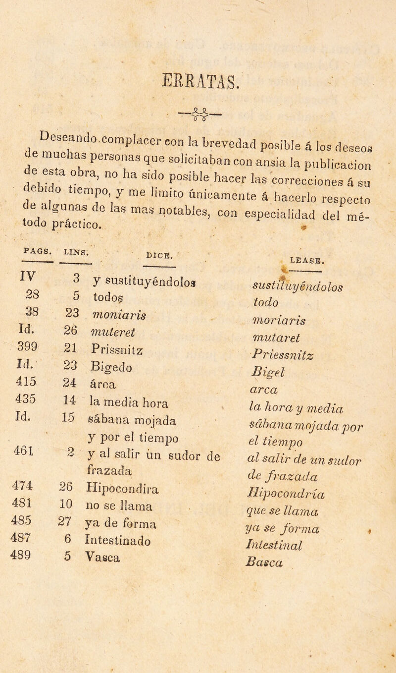 erratas. JLJL, ATAT De.ean.lo.complacer .on la brevedad posible á los deseos de muchas personas que solicitaban con ansia la publicación de e ta obra, no ha sido posible hacer las correcciones á su 1 o lempo y me limito únicamente á hacerlo respecto a gunas de las mas notables, con especialidad del raé- todo praciico. « pags. lins. DICE. IV 3 y sustituyendo 28 5 todos 38 23 moniaris Id. 26 muteret 399 21 Prissnitz Id. 23 Bigedo 415 24 área 435 14 la media hora Id. 15 sábana mojada y por el tiempo 461 2 y al salir ún se frazada 474 26 Hipocondira 481 10 no se llama 485 27 ya de forma 487 6 Intestinado 489 5 Vasca LEASE. ■ií' sustituyéndolos todo motdaris 'mutaret Priessnitz Bigel arca la hora y media sábana mojada por el tiempo al salir de un sudor de frazada Bipocondría que se llama ya se forma Intestinal Basca