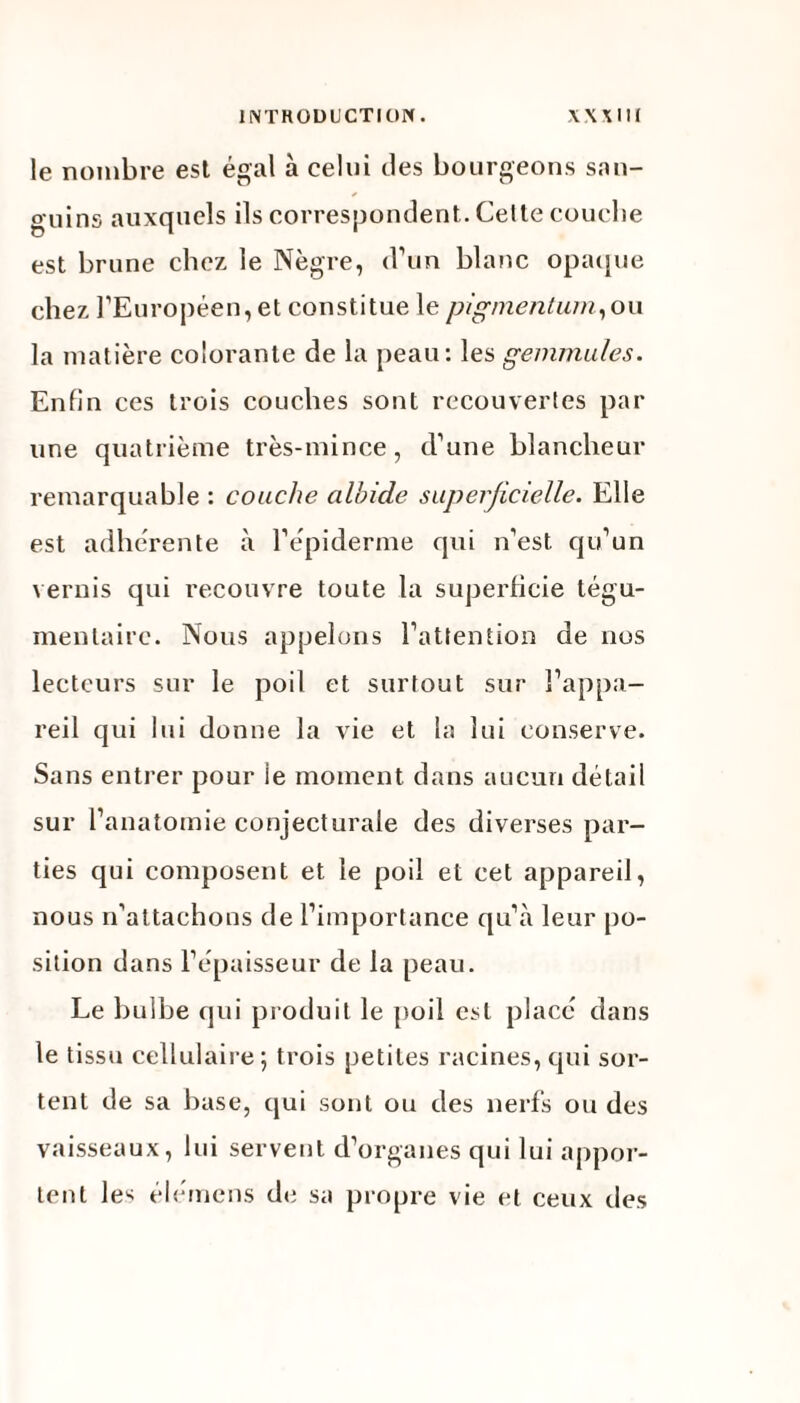 le nombre est égal à celui des bourgeons san¬ guins auxquels ils correspondent. Cette couche est brune chez le Nègre, d’un blanc opaque chez l’Européen, et constitue le pigmentum,ou la matière colorante de la peau: les gemmules. Enfin ces trois couches sont recouvertes par une quatrième très-mince, d’une blancheur remarquable : couche cilbide superficielle. Elle est adhérente à l’épiderme qui n’est qu’un vernis qui recouvre toute la superficie tégu- menlairc. Nous appelons l’attention de nos lecteurs sur le poil et surtout sur l’appa¬ reil qui lui donne la vie et la lui conserve. Sans entrer pour ie moment dans aucun détail sur l’anatomie conjecturale des diverses par¬ ties qui composent et le poil et cet appareil, nous n’attachons de l’importance qu’à leur po¬ sition dans l’épaisseur de la peau. Le bulbe qui produit le poil est placé dans le tissu cellulaire; trois petites racines, qui sor¬ tent de sa base, qui sont ou des nerfs ou des vaisseaux, lui servent d’organes qui lui appor¬ tent les élémens de sa propre vie et ceux des