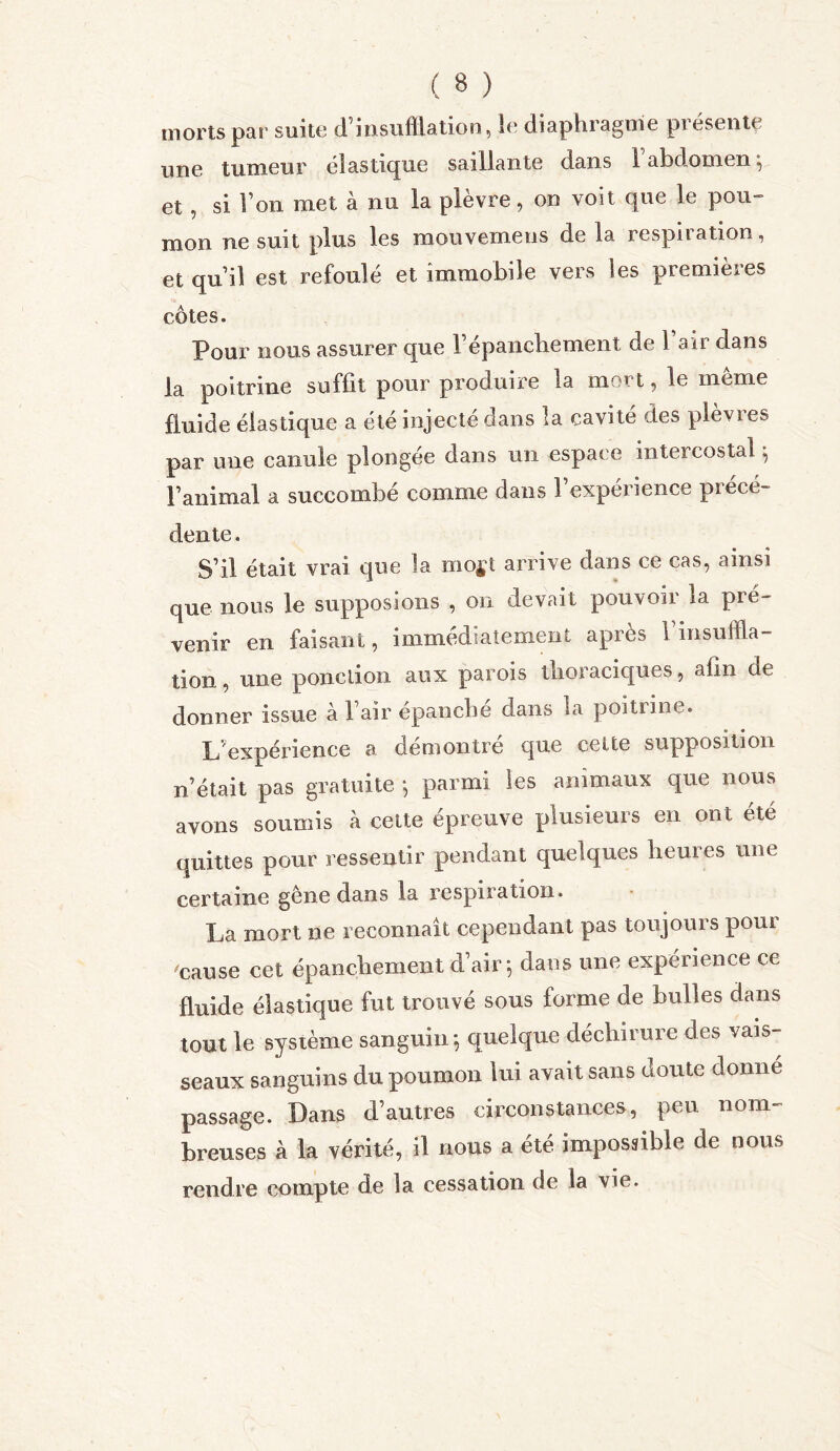 morts par suite d’insufflation, le diaphragme présente une tumeur élastique saillante dans 1 abdomen ; et , si l’on met à nu la plèvre, on voit que le pou- mon ne suit plus les mouvemeus de la respiration, et qu’il est refoulé et immobile vers Ses premières côtes. Pour nous assurer que l’épancbement de 1 air dans la poitrine stifbt pour produire 1a moi t, le meme fluide élastique a été injecté dans la cavité des plèvies par une canule plongée dans un espace intercostal $ l’animal a succombé comme dans 1 expérience precé- dente. S’il était vrai que la mo£t arrive dans ce cas, ainsi que nous le supposions , on devait pouvoir la pré- venir en faisant, immédiatement après 1 insuffla- tion , une ponction aux parois thoraciques, afin de donner issue à l’air épanché dans la poitrine. L expérience a démontre que celte supposition n’était pas gratuite ; parmi les animaux que nous avons soumis «à cette épreuve plusieurs en ont été quittes pour ressentir pendant quelques heures une certaine gene dans la respiration. La mort ne reconnaît cependant pas toujours pour 'cause cet épanchement d’air-, dans une expérience ce fluide élastique fut trouvé sous forme de bulles dans tout le système sanguin-, quelque déchirure des vais- seaux sanguins du poumon lui avait sans doute donné passage. Dans d’autres circonstances, peu nom- breuses à la vérité, il nous a été impossible de nous rendre compte de la cessation de la vie.