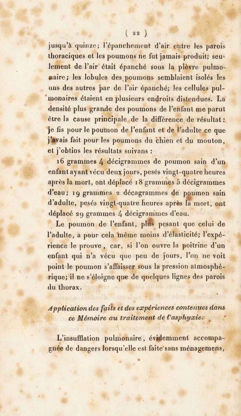 jusqu’à quinze; l’épanchement d’air entre les parois thoraciques et les poumons ne fut jamais produit; seu- lement de l’air était épanché sous la plèvre pulmo- naire; les lobules des poumons semblaient isolés les uns des autres par de l’air épanché; les cellules pul- monaires étaient en plusieurs endroits distendues. La densité plus graade des poumons de l’enfant me parut être la cause principale de la différence de résultat : je fis pour le poumon de l’enfant et de l’adulte ce que j avais fait pour les poumons du chien et du mouton, et j’obtins les résultats suivons : 16 grammes 4 décigrammes de poumon sain d’un enfant ayant vécu deux jours, pesés vingt-quatre heures après la mort, ont déplacé 18 grammes 5 décigrammes d’eau; 19 grammes 2 décagrammes dé poumon sain d’adulte, pesés vingt-quatre heures après la mort, ont déplacé 29 grammes 4 décigrammes d’eau. Le poumon de l’enfant, plus pesant que celui de l’adulte, a pour cela même moins d’élasticité; l’expé- rience le prouve , car, si l’on ouvre la poitrine d’un enfant qui n’a vécu que peu de jours, l’on ne voit point le poumon s’affaisser sous la pression atmosphé- rique; i! ne s’éloigne que de quelques lignes des parois du thorax. Application des faits et des expériences contenues dans ce Mémoire au traitement de i'asphyxie. L’insufflation pulmonaire, évidemment accompa- gnée de dangers lorsqu’elle est faite'sans ménagemens,