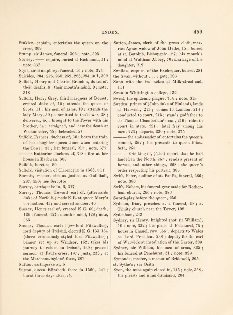 Stukley, captain, entertains the queen on the river, 309 Stump, sir James, funeral, 308 ; note, 395 Sturley, -esquire, buried at Richmond, 51 ; note, 337 Style, sir Humphrey, funeral, 16 ; note, 324 Suicides, 204, 225, 258, 259, 283,284, 301, 302 Suffolk, Henry and Charles Brandon, dukes of, their deaths, 8 ; their month’s mind, 9 ; note, 318 Suffolk, Henry Grey, third marquess of Dorset, created duke of, 10; attends the queen of Scots, 11; his men of arms, 19 ; attends the lady Mary, 30 ; committed to the Tower, 38 ; delivered, ib. ; brought to the Tower with his brother, 54 ; arraigned, and cast for death at Westminster, 55 ; beheaded, 57 Suffolk, Frances duchess of, 30; bears the train of her daughter queen Jane when entering the Tower, 35 ; her funeral, 217 ; note, 377 -- Katharine duchess of, 318 ; fire at her house in Barbican, 308 Suffolk, heretics, 89 Suffolk, visitation of Clarenceux in 1563, 311 Surcott, master, sits as justice at Guildhall, 287, 290; see Sercotte Surrey, earthquake in, 6, 317 Surrey, Thomas Howard earl of, (afterwards duke of Norfolk,) made K.B. at queen Mary’s coronation, 45; and served as doer, 46 Sussex, Henry earl of, created K.G. 60; death, 126 ; funeral, 127; month’s mind, 128 ; note, 355 Sussex, Thomas, earl of (see lord Fitzwalter), lord deputy of Ireland, elected K.G. 133,134 (there erroneously styled lord Fitzwalter) ; banner set up at Windsor, 162; takes his journey to return to Ireland, 169 ; present sermon at Paul’s cross, 197 ; justs, 233 ; at the Merchant-taylors’ feast, 287 Sutton, earthquake at, 6 Sutton, queen Elizabeth there in 1560, 241 ; burnt three days after, ib. Sutton, James, clerk of the green cloth, mar¬ ries Agnes widow of John Hethe, 15 ; buried at st. Botolph, Bishopgate, 67; his month’s mind at Waltham Abbey, 70; marriage of his daughter, 219 Swallow, esquire, of the Exchequer, buried, 281 the Swan, without .... gate, 103 Swan with the two nekes at Milk-street end, 111 Swan in Whittington college, 132 Sweat, the epidemic plague, 7, 8 ; note, 319 Sweden, prince of (John duke of Finland), lands at Harwich, 213 ; comes to London, 214 ; conducted to court, 215 ; stands godfather to sir Thomas Chamberlain’s son, 216 ; rides to court in state, 221 ; fatal fray among his men, 223 ; departs, 230 ; note, 375 -the ambassador of, entertains the queen’s council, 262 ; his presents to queen Eliza¬ beth, 265 -Eric king of, (false) report that he had landed in the North, 267 ; sends a present of horses, and other things, 268 ; the queen’s order respecting his portrait, 385 Swift, Peter, auditor of st. Paul’s, funeral, 266; note, 386 Swift, Robert, his funeral gear made for Rother¬ ham church, 266 ; note, 386 Sword-play before the queen, 250 Sydnam, friar, preaches at a funeral, 98 ; at Trinity church near the Tower, 108 Sydenham, 243 Sydney, sir Henry, knighted (not sir William), 10 ; note, 322 ; his place at Penshurst, 72 ; house in Chanell row, 355 ; departs to Wales as Lord President 238 ; deputy for the earl of Warwick at installation of the Garter, 308 Sydney, sir William, his men of arms, 325 ; his funeral at Penshurst, 31; note, 329 Symonds, master, a master of Bridewell, 205 st. Sythe’s ; see Osith Syon, the nuns again closed in, 145 ; note, 358; the priests and nuns dismissed, 204