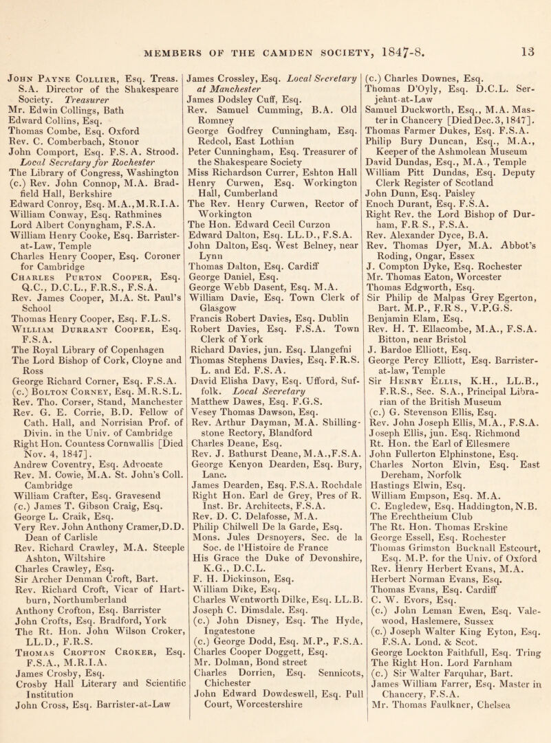 John Payne Collier, Esq. Treas. S.A. Director of the Shakespeare Society. Treasurer Mr. Edwin Collings, Bath Edward Collins, Esq. Thomas Combe, Esq. Oxford Rev. C. Comberbach, Stonor John Comport, Esq. F.S.A. Strood. Local Secretary for Rochester The Library of Congress, Washington (c.) Rev. John Connop, M.A. Brad- field Hall, Berkshire Edward Conroy, Esq. M.A.,M.R.I.A. William Conway, Esq. Rathmines Lord Albert Conyngham, F.S.A. William Henry Cooke, Esq. Barrister- at-Law, Temple Charles Henry Cooper, Esq. Coroner for Cambridge Charles Purton Cooper, Esq. Q.C., D.C.L., F.R.S., F.S.A. Rev. James Cooper, M.A. St. Paul’s School Thomas Henry Cooper, Esq. F.L.S. William Durrant Cooper, Esq. F.S.A. The Royal Library of Copenhagen The Lord Bishop of Cork, Cloyne and Ross George Richai'd Corner, Esq. F.S.A. (c.) Bolton Corney, Esq. M.R.S.L. Rev. Tho. Corser, Stand, Manchester Rev. G. E. Corrie, B.D. Fellow of Cath. Hall, and Norrisian Prof, of Divin. in the Univ. of Cambridge Right Hon. Countess Cornwallis [Died Nov. 4, 1847]. Andrew Coventry, Esq. Advocate Rev. M. Cowie, M.A. St. John’s Coll. Cambridge William Crafter, Esq. Gravesend (c.) James T. Gibson Craig, Esq. George L. Craik, Esq. Very Rev. John Anthony Cramer,D.D. Dean of Carlisle Rev. Richard Crawley, M.A. Steeple Ashton, Wiltshire Charles Crawley, Esq. Sir Archer Denman Croft, Bart. Rev. Richard Croft, Vicar of Hart- burn, Northumberland Anthony Crofton, Esq. Barrister John Crofts, Esq. Bradford, York The Rt. Hon. John Wilson Croker, LL.D., F.R.S. Thomas Crofton Croker, Esq. F.S.A., M.R.I.A. James Crosby, Esq. Crosby Hall Literary and Scientific Institution John Cross, Esq. Barrister-at-Law James Crossley, Esq. Local Secretary at Manchester James Dodsley Cuff, Esq. Rev. Samuel Cumming, B.A. Old Romney George Godfrey Cunningham, Esq. Redcol, East Lothian Peter Cunningham, Esq. Treasurer of the Shakespeare Society Miss Richardson Currer, Eshton Hall Henry Curwen, Esq. Workington Hall, Cumberland The Rev. Henry Curwen, Rector of Workington The Hon. Edward Cecil Curzon Edward Dalton, Esq. LL.D., F.S.A. John Dalton, Esq. West Belney, near Lynn Thomas Dalton, Esq. Cardiff George Daniel, Esq. George Webb Dasent, Esq. M.A. William Davie, Esq. Town Clerk of Glasgow Francis Robert Davies, Esq. Dublin Robert Davies, Esq. F.S.A. Town Clerk of York Richard Davies, jun. Esq. Llangefni Thomas Stephens Davies, Esq. F.R.S. L. and Ed. F.S. A. David Elisha Davy, Esq. Ufford, Suf¬ folk. Local Secretary Matthew Dawes, Esq. F.G.S. Vesey Thomas Dawson, Esq. Rev. Arthur Dayman, M.A. Shilling- stone Rectory, Blandford Charles Deane, Esq. Rev. J. Bathurst Deane, M.A.,F.S.A. George Kenyon Dearden, Esq. Bury, Lane. James Dearden, Esq. F.S.A. Rochdale Right Hon. Earl de Grey, Pres of R. Inst. Br. Architects, F.S.A. Rev. D. C. Delafosse, M.A. Philip Chilwell De la Garde, Esq. Mons. Jules Desnoyers, Sec. de la Soc. de l’Histoire de France His Grace the Duke of Devonshire, K.G., D.C.L. F. H. Dickinson, Esq. William Dike, Esq. Charles Wentworth Dilke, Esq. LL.B. Joseph C. Dimsdale. Esq. (c.) John Disney, Esq. The Hyde, Ingatestone (c.) George Dodd, Esq. M.P., F.S.A. Charles Cooper Doggett, Esq. Mr. Dolman, Bond street Charles Dorrien, Esq. Sennicots, Chichester John Edward Dowdesw7ell, Esq. Pull Court, Worcestershire (c.) Charles Downes, Esq. Thomas D’Oyly, Esq. D.C.L. Ser¬ jeant-at-Law Samuel Duckworth, Esq., M.A. Mas¬ ter in Chancery [DiedDec.3,1847]. Thomas Farmer Dukes, Esq. F.S.A. Philip Bury Duncan, Esq., M.A., Keeper of the Ashmolean Museum David Dundas, Esq., M.A., Temple William Pitt Dundas, Esq. Deputy Clerk Register of Scotland John Dunn, Esq. Paisley Enoch Durant, Esq. F.S.A. Right Rev. the Lord Bishop of Dur¬ ham, F.R.S., F.S.A. Rev. Alexander Dyce, B.A. Rev. Thomas Dyer, M.A. Abbot’s Roding, Ongar, Essex J. Compton Dyke, Esq. Rochester Mr. Thomas Eaton, Worcester Thomas Edgworth, Esq. Sir Philip de Malpas Grey Egerton, Bart. M.P., F.R S., V.P.G.S. Benjamin Elam, Esq. Rev. H. T. Ellacombe, M.A., F.S.A. Bitton, near Bristol J. Bardoe Elliott, Esq. George Percy Elliott, Esq. Barrister- at-law, Temple Sir Henry Ellis, K.H., LL.B., F.R.S., Sec. S.A., Principal Libra¬ rian of the British Museum (c.) G. Stevenson Ellis, Esq. Rev. John Joseph Ellis, M.A., F.S.A. Joseph Ellis, jun. Esq. Richmond Rt. Hon. the Earl of Ellesmere John Fullerton Elphinstone, Esq. Charles Norton Elvin, Esq. East Dereham, Norfolk Hastings Elwin, Esq. William Empson, Esq. M.A. C. Engledew, Esq. Haddington, N.B. The Erechtheium Club The Rt. Hon. Thomas Erskine George Essell, Esq. Rochester Thomas Grimston Bucknall Estcourt, Esq. M.P. for the Univ. of Oxford Rev. Henry Herbert Evans, M.A. Herbert Norman Evans, Esq. Thomas Evans, Esq. Cardiff C. W. Evors, Esq. (c.) John Leman Ewen, Esq. Vale- wood, Haslemere, Sussex (c.) Joseph Walter King Eyton, Esq. F.S.A. Lond. & Scot. George Lockton Faithfull, Esq. Tring The Right Hon. Lord Farnham (c.) Sir Walter Farquhar, Bart. James William Farrer, Esq. Master in Chancery, F.S.A. Mr. Thomas Faulkner, Chelsea