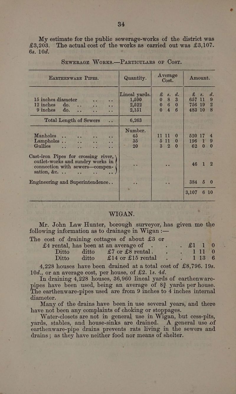 My estimate for the public sewerage-works of the district was £3,203. The actual cost of the works as carried out was £3,107. 6s. 10d. SEWERAGE WorKSs.—PARTICULARS OF CosT. EARTHENWARE PIPES. Quantity. ae e Amount. Lineal yards.| £ s. d. SAS? vd. 15 inches diameter a de 1,590 0 Stas 657 11 9 12inches do. .. As ne 2,522 0 6 0 756 19 2 Siiches do. Se ae ee 2,151 0°46 ag30es Total Length of Sewers .. 6,263 Number Manholes .. =e we a 45 Lt it 520 17 4 Lampholes .. ae . ap 35 5 11 0 196 Y 9 Gullies of a, ye xs ~ 20 3 2 0 62 0 0 Cast-iron Pipes for crossing river, outlet-works and sundry works in 46 1 2 connection with sewers—compen- sation, &c. . i. : $) Engineering and Superintendence. . yi ae . 884 5 0 3,107 6 10 WIGAN. Mr. John Law Hunter, borough surveyor, has given me the following information as to drainage in Wigan :— The cost of draining cottages of about £3 or £4 rental, has been at an average of . : ieee DE Be) Ditto ditto £7 or £8 rental . : Mite her as bo 3, HE) Ditto ditto £14 or £15 rental . Re ee ss da 4,228 houses have been drained at a total cost of £8,796. 19s. 10d., or an average cost, per house, of £2. 1s. 4d. In draining 4,228 houses, 36,960 lineal yards of earthenware- pipes have been used, being an average of 8? yards per house. The earthenware-pipes used are from 9 inches to 4 inches internal diameter. Many of the drains have been in use several years, and there have not been any complaints of choking or stoppages. Water-closets are not in general use in Wigan, but cess-pits, yards, stables, and house-sinks are drained. <A general use of earthenware-pipe drains prevents rats living in the sewers and drains ; as they have neither food nor means of shelter.