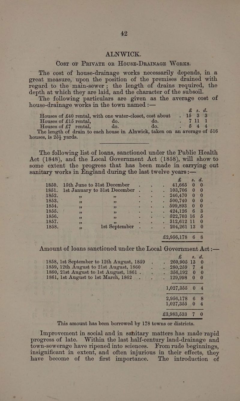ALNWICK. Cost oF PrivATE on HovusE-DRAINAGE Works. The cost of house-drainage works necessarily depends, in a great measure, upon the position of the premises drained with regard to the main-sewer; the length of drains required, the depth at which they are laid, and the character of the subsoil. The following particulars are given as the average cost of house-drainage works in the town named :— & 8. d. Houses of £40 rental, with one water-closet, cost about . 15 3 3 Houses of £15 rental, do. do. fe Lda Se Houses of £7 rental, do do. BBA The length of drain to each house in Alnwick, taken on an average of 516 houses, is 253 yards. The following list.of loans, sanctioned under the Public Health Act (1848), and the Local Government Act (1858), will show to some extent the progress that has been made in carrying out sanitary works in England during the last twelve years :— £ ay 1850. 15th Juneto 8lst December . : . 41,665 0 0 1851. 1st January to 3lst December . ; - 103,706 0 0 1852. IS * : , . 246,470 0 0 1853. a os i |. BS 00 Osea 1854. i. i plas JE ERO Sonny ane 1855. | is fs big ome AOS T8G orinaees 1856. 5 is ). WOLIATHR, 08.16 <8 1857. Mf ” . a oy Ole OlZud ss AO 1858. » [st September . ‘ . 204,261 13 0 £2,956,178 8 Amount of loans sanctioned under the Local Government Act :— & 8. a. 1858, 1st September to 12th August, 1859 . . 260,905 13 0 1859, 12th August to 21st August, 1860 : . 280,259 7 4 1860, 21st August to Ist August, 1861. . . 366,192 0 0 1861, lst August to lst March, 1862. . : .., 429,998 .0- 0 1,027,355 0 4 2,956,178 6 8 1,027,355 0 4 £3,983,533 7 0 This amount has been borrowed by 178 towns or districts. Improvement in social and in sanitary matters has made rapid progress of late. Within the last half-century land-drainage and town-sewerage have ripened into sciences. From rude beginnings, insignificant in extent, and often injurious in their effects, they have become of the first importance. The introduction of