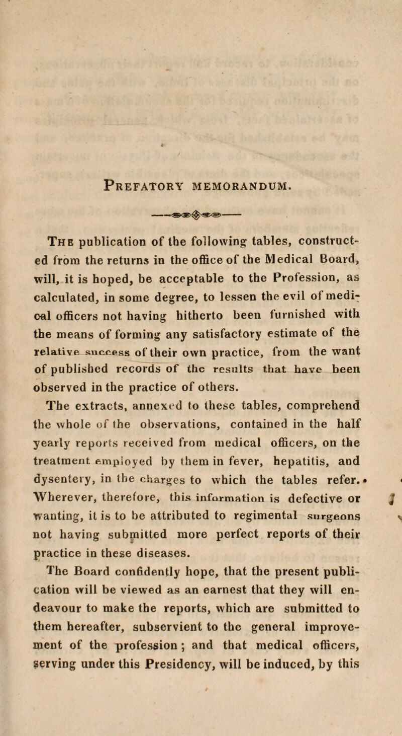 Prefatory memorandum. The publication of the following tables, construct¬ ed from the returns in the office of the Medical Board, will, it is hoped, be acceptable to the Profession, as calculated, in some degree, to lessen the evil of medi¬ cal officers not having hitherto been furnished with the means of forming any satisfactory estimate of the relative suceess of their own practice, from the want of published records of the results that have been observed in the practice of others. The extracts, annexed to these tables, comprehend the whole of ihe observations, contained in the half yearly reports received from medical officers, on the treatment employed by (hem in fever, hepatitis, and dysentery, in the charges to which the tables refer.* Wherever, therefore, this information is defective or wanting, it is to be attributed to regimental surgeons not having submitted more perfect reports of their practice in these diseases. The Board conhdently hope, that the present publi¬ cation will be viewed as an earnest that they will en¬ deavour to make the reports, which are submitted to them hereafter, subservient to the general improve¬ ment of the profession; and that medical officers, serving under this Presidency, will be induced, by this