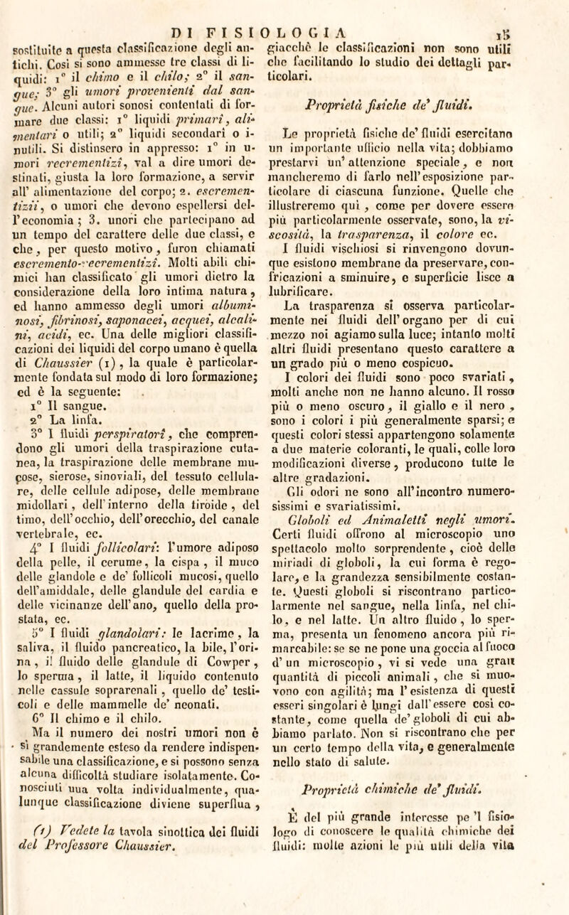 sostituite a questa classificazione degli an¬ tichi. Cosi si sono ammesse tre classi di li¬ quidi: i° il chimo e il chilo; 20 il san¬ gue; 3° fih umori provenienti dal san¬ gue. Alcuni autori sonosi contentati di l'or¬ mare due classi: i° liquidi primari, ali¬ mentari o utili; 20 liquidi secondari o i- nutili. Si distinsero in appresso: i° in ti¬ mori recrementizi, vai a dire umori de¬ stinati, giusta la loro formazione, a servir all’ alimentazione del corpo; 2. escremen- tizii, o umori che devono espellersi del¬ l’economia ; 3. unori che partecipano ad un tempo del carattere delle due classi, c che, per questo motivo, furon chiamati escremento-ecremcnlizì. Molti abili chi¬ mici han classificato’gli umori dietro la considerazione della loro intima natura, ed hanno ammesso degli umori albumi¬ nosi, fibrinosi, saponacei, acquei, alcali¬ ni, acidi, ec. Una delle migliori classifi¬ cazioni dei liquidi del corpo umano è quella di Chaussier (1), la quale è particolar¬ mente fondata sul modo di loro formazione; cd è la seguente: i° Il sangue. 20 La linfa. 3° I iluidi perspiralori, che compren¬ dono gli umori della traspirazione cuta¬ nea, la traspirazione delle membrane mu¬ cose, sierose, sinoviali, del tessuto cellula¬ re, delle cellule adipose, delle membrane midollari, dell interno della tiroide, del timo, dell’occhio, dell’orecchio, del canale vertebrale, ec. 4° I Iluidi follicolari: l’umore adiposo della pelle, il cerume, la cispa, il muco delle glandole e de’ follicoli mucosi, quello delfainiddale, delle glandule del cardia e delle vicinanze dell’ano, quello della pro¬ stata, ce. 3° I fluidi glandolavi: le lacrime, la saliva, il fluido pancreatico, la bile, l’ori- na, i! fluido delle glandule di Cowper , Io sperma , il latte, il liquido contenuto nelle cassule soprarcnali , quello de’ testi¬ coli e delle mammelle de’ neonati. G° Il chimo e il chilo. Ma il numero dei nostri umori non 6 • si grandemente esteso da rendere indispen¬ sabile una classificazione, e si possono senza alcuna difficoltà studiare isolatamente. Co¬ nosciuti uua volta individualmente, qua¬ lunque classificazione diviene superflua , ft) Vedete la tavola sinottica dei fluidi del Professore Chaussier. giacché le classificazioni non sono utili clic facilitando lo studio dei dettagli par¬ ticolari. Proprietà fisiche de* fluidi. Le proprietà fisiche de’fluidi esercitano un importante ufficio nella vita; dobbiamo prestarvi un’ attenzione speciale, e non mancheremo di farlo nell’esposizione par¬ ticolare di ciascuma funzione. Quelle che illustreremo qui, come per dovere essere più particolarmente osservate, sono, la vi¬ scosità, la trasparenza, il colore ec. I Iluidi vischiosi si rinvengono dovun¬ que esistono membrane da preservare, con¬ fricazioni a sminuire, e superficie lisce a lubrificare. La trasparenza sì osserva particolar¬ mente nei fluidi dell’organo per di cui mezzo noi agiamo sulla luce; intanto molti altri fluidi presentano questo carattere a un grado più o meno cospicuo. I colori dei fluidi sono poco svariati, molti anche non ne hanno alcuno. Il rosso più o meno oscuro, il giallo e il nero , sono i colori i più generalmente sparsi; e questi colori stessi appartengono solamente a due materie coloranti, le quali, colle loro modificazioni diverse, producono tutte le altre gradazioni. Gli odori ne sono all’incontro numero¬ sissimi e svariatissimi. C/obnli ed Animaletti negli umori. Certi fluidi offrono al microscopio uno spettacolo molto sorprendente, cioè delle miriadi di globoli, la cui forma è rego¬ lare, e la grandezza sensibilmente costan¬ te. Questi globoli si riscontrano partico¬ larmente nel sangue, nella linfa, nel chi¬ lo, e nel latte. Un altro fluido, lo sper¬ ma, presenta un fenomeno ancora più ri¬ marcabile: se se ne pone una goccia al fuoco d’ un microscopio , vi si vede una gran quantità di piccoli animali, che si muo¬ vono con agilità; ma l’esistenza di questi esseri singolari è fungi dall'essere così co¬ stante, conio quella de’globoli di cui ab¬ biamo parlato. INon si riscontrano clic per un certo tempo della vita, c generalmente nello stato di salute. Proprietà chimiche de* fluidi. E del più grande interesso pe ’1 fisio¬ logo ili conoscere le qualità chimiche dei Iluidi: molte azioni le più utili della vita