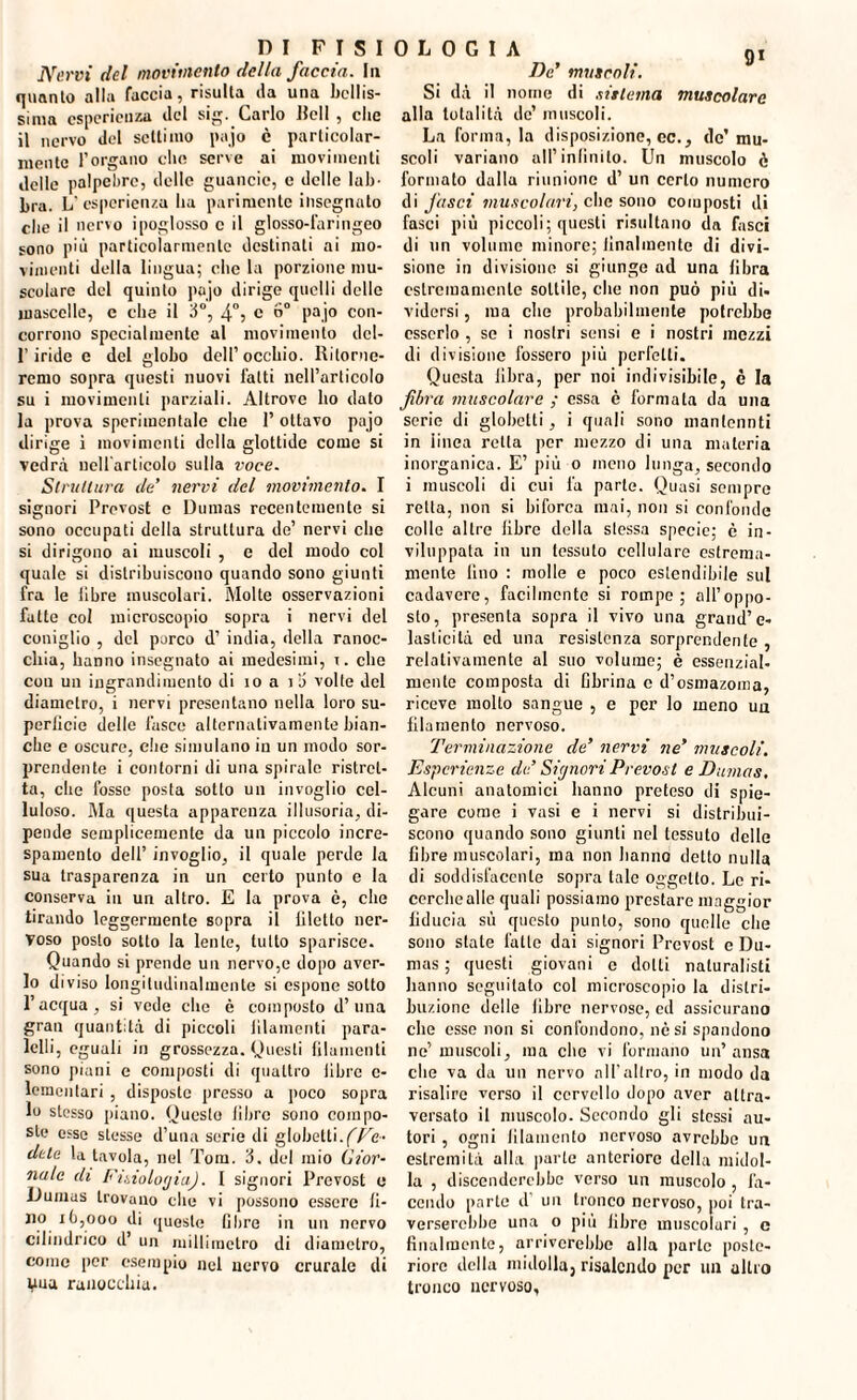 Nervi del movimento della faccia. In quanto alla faccia, risulta ila una bellis¬ sima esperienza del sig. Carlo llcll , che il nervo del settimo pajo è particolar¬ mente l’organo che serve ai movimenti delle palpebre, delle guancie, e delle lab¬ bra. L’esperienza ha parimente insegnato che il nervo ipoglosso c il glosso-faringeo sono più particolarmente destinati ai mo¬ vimenti della lingua; clic la porzione mu¬ scolare del quinto pajo dirige quelli delle mascelle, e che il 3°, 4°5 c 6° pajo con¬ corrono specialmente al movimento dcl- l’iride e del globo dell’occhio. Ritorne¬ remo sopra questi nuovi latti nell’articolo su i movimenti parziali. Altrove ho dato la prova sperimentale che l’ottavo pajo dirige ì movimenti della glottide come si vedrei nell'articolo sulla voce. Struttura de’ nervi del movimento. I signori Prevost e Dumas recentemente si sono occupati della struttura de’ nervi che si dirigono ai muscoli , e del modo col quale si distribuiscono quando sono giunti fra le libre muscolari. Molte osservazioni fatte col microscopio sopra i nervi del coniglio , del porco d’ india, della ranoc¬ chia, hanno insegnato ai medesimi, r. che con un ingrandimento di io a i i> volte del diametro, i nervi presentano nella loro su¬ perficie delle fasce alternativamente bian¬ che e oscure, che simulano in un modo sor¬ prendente i contorni di una spiralo ristret¬ ta, che fosse posta sotto un invoglio cel¬ luloso. Ma questa apparenza illusoria, di¬ pende semplicemente da un piccolo incre¬ spamento dell’ invoglio, il quale perde la sua trasparenza in un certo punto e la conserva in un altro. E la prova è, che tirando leggermente sopra il filetto ner¬ voso posto sotto la lente, tutto sparisce. Quando si prende un nervo,c dopo aver¬ lo d iviso longitudinalmente si espone sotto l’acqua, si vede che è composto d’una gran quantità di piccoli filamenti para¬ fili, eguali in grossezza. Questi filamenti sono piani e composti di quattro libre e- leinentari , disposte presso a poco sopra lo stesso piano. Questo libre sono compo¬ ste esse stesse d’una serie di globetli.fTe- deta la tavola, nel Tom. 3, del mio Cior- nale dì Fisiologia). I signori Prevost e Dumas trovano che vi possono essere fi- no ib,ooo di queste fibre in un nervo cilindrico d’ un millimetro di diametro, come per esempio nel nervo crurale di Vua ranocchia. 0 L 0 G I A 9I De’ muscoli. Si dà il nome di sistema muscolare alla totalità de’ muscoli. La forma, la disposizione, cc., do’ mu¬ scoli variano all’infinito. Un muscolo è formato dalla riunione d’ un certo numero di fasci muscolari, che sono composti di fasci più piccoli; questi risultano da fasci di un volume minore; finalmente di divi¬ sione in divisione si giunge ad una fibra estremamente sottile, che non può più di¬ vidersi , ma che probabilmente potrebbe esserlo , se i nostri sensi e i nostri mezzi di divisione fossero più perfetti. Questa libra, per noi indivisibile, è la fibra muscolare ; essa è formata da una serie di globetti, i quali sono mantennti in linea retta per mezzo di una materia inorganica. E’ più o meno lunga, secondo i muscoli di cui fa parte. Quasi sempre retta, non si biforca mai, non si confonde collo altre fibre della stessa specie; è in¬ viluppata in un tessuto cellulare estrema¬ mente lino : molle e poco estendibile sul cadavere, facilmente si rompe; all’oppo¬ sto, presenta sopra il vivo una grand’e¬ lasticità ed una resistenza sorprendente , relativamente al suo volume; è essenzial¬ mente composta di fibrina c d’osmazoma, riceve molto sangue , e per lo meno un filamento nervoso. Terminazione de’ nervi ne’ muscoli. Esperienze di’ Signori Prevost e Dumas. Alcuni anatomici hanno preteso di spie¬ gare come i vasi e i nervi si distribui¬ scono quando sono giunti nel tessuto delle fibre muscolari, ma non hanno detto nulla di soddisfacente sopra tale oggetto. Le ri¬ cerche alle quali possiamo prestare maggior fiducia sù questo punto, sono quelle che sono state latte dai signori Prevost e Du¬ mas ; questi giovani c dotti naturalisti hanno seguitalo col microscopio la distri¬ buzione delle fibre nervose, ed assicurano che esse non si confondono, nè si spandono ne’muscoli, ma che vi formano un’ansa che va da un nervo all’altro, in modo da risalire verso il cervello dopo aver attra¬ versato il muscolo. Secondo gli stessi au¬ tori , ogni filamento nervoso avrebbe un estremità alla parte anteriore della midol¬ la , discenderebbe verso un muscolo , fa¬ cendo parte d’ un tronco nervoso, poi tra¬ verserebbe una o più libre muscolari , c finalmente, arriverebbe alla parte poste¬ riore della midolla, risalendo per un altro tronco nervoso,