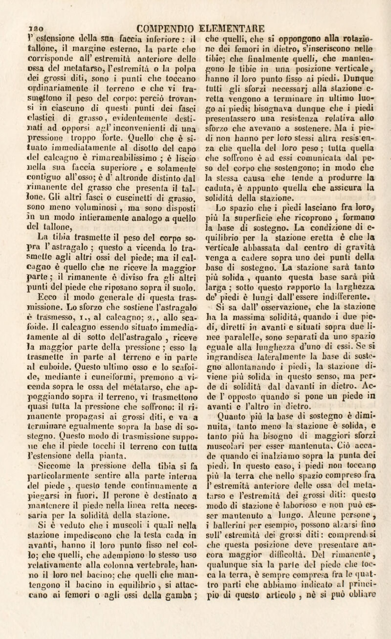I’ estensione della stia faccia inferiore : il tallone, il margine esterno, la parte elio corrisponde all’ estremità anteriore delle ossa del metatarso, l’estremità o la polpa dei grossi diti, sono i punti che toccano ordinariamente il terreno e che vi tra¬ smettono il peso del corpo: perciò trovan- si in ciascuno di questi punti dei fasci clastici di grasso, evidentemente desti¬ nati ad opporsi agl’inconvenienti di una pressione troppo forte. Quello clie c si¬ tuato immediatamente al disotto del capo del calcagno è rimarcabilissimo ; è liscio nella sua faccia superiore , e solamente contiguo all’osso; è d’ altronde distinto dal rimanente del grasso che presenta il tal¬ lone. Gli altri fasci o cuscinetti di grasso, sono meno voluminosi , ma sono disposti in un modo intieramente analogo a quello del tallone, La tibia trasmette il peso del corpo so¬ pra l’astragalo ; questo a vicenda lo tra¬ smette agli altri ossi del piede; ma il cal¬ cagno è quello che ne riceve la maggior parte; il rimanente è diviso fra gli altri punti del piede che riposano sopra il suolo. Ecco il modo generale di questa tras¬ missione. Lo sforzo che sostiene l’astragalo c trasmesso, i., al calcagno; a., allo sca¬ ldale. Il calcagno essendo situato immedia¬ tamente al di sotto dell’astragalo , ricevo la maggior parte della pressione ; esso la trasmette in parte al terreno c in parte al cuboiile. Questo ultimo osso e Io scafoi- de, mediante i cuneiformi, premono a vi¬ cenda sopra le ossa del metatarso, che ap¬ poggiando sopra il terreno, vi trasmettono quasi tutta la pressione che soffrono: il ri¬ manente propagasi ai grossi diti, c va a terminare egualmente sopra la base di so¬ stegno. Questo modo di trasmissione suppo¬ ne che il piede tocchi il terreno con tutta l’cslonsionc della pianta. Siccome la pressione della tibia si fa particolarmente sentire alla parte interna «lei piede , questo tende continuamente a piegarsi in fuori. II perone è destinato a mantenere il piede nella linea retta neces¬ saria per la solidità della stazione. Si è veduto che i muscoli i quali nella stazione impediscono clic la lesta cada in avanti, hanno il loro punto lìsso nel col¬ lo; che quelli, che adempiono lo stesso uso relativamente alla colonna vertebrale, han¬ no il loro nel bacino; che quelli che man¬ tengono il bacino in equilibrio , si attac¬ cano ai femori o agli ossi della gamba ; che quelli, che si oppongono alla rotazio¬ ne dei femori in dietro, s’inseriscono nelle tibie; clic dualmente quelli, che manten¬ gono le tibie in una posizione verticale, hanno il loro punto fisso ai piedi. Dunque tutti gli sforzi nccessarj alla stazione e- retta vengono a terminare in ultimo luo¬ go ai piedi; bisognava dunque che i piedi presentassero una resistenza relativa allo sforzo che avevano a sostenere. Ma i pie¬ di non hanno per loro stessi altra residen¬ za che quella del loro peso ; tutta quella clic soffrono è ad essi comunicata dal pe¬ so del corpo che sostengono; in modo che la stessa causa che tende a produrre la caduta, è appunto quella che assicura la solidità della stazione. Lo spazio che i piedi lasciano fra loro, più la superficie elle ricoprono , formano la base di sostegno. La condizione di e- quilibrio per la stazione eretta è che la verticale abbassata dal centro di gravità venga a cadere sopra uno dei punti della base di sostegno. La stazione sarà tanto più solida , quanto questa base sarà più larga ; sotto questo rapporto la larghezza de’ piedi è lungi dall’essere indilfcrente. Si sa dall’ osservazione, che la stazione ha la massima solidità, quando i due pie¬ di, diretti in avanti e situati sopra due li¬ nee paralelle, sono separati da uno spazio eguale alla lunghezza d’uno di essi. Se si ingrandisca lateralmente la base di soste¬ gno allontanando i piedi, la stazione di¬ viene più solida in questo senso, ma per¬ de di solidità dal davanti in dietro. Ae¬ do 1’ opposto quando si pone un piede in avanti e l’altro in dietro. Quanto più la base di sostegno è dimi¬ nuita, tanto meno la stazione è solida, e lauto più ha bisogno di maggiori sforzi muscolari per esser mantenuta. Ciò acca¬ de quando ci inalziamo sopra la punta dei piedi. In questo caso, i piedi non toccano più la terra che nello spazio compreso fra l’estremità anteriore delle ossa del meta¬ tarso c l’estremità dei grossi diti: questo modo di stazione è laborioso e non può es¬ ser mantenuto a lungo. Alcune persone , i ballerini per esempio, possono alza;si lino sull’estremità dei grossi diti: comprendisi che questa posizione deve presentare an¬ cora maggior dilficoltà. Del rimanente, qualunque sia la parie del piede che toc¬ ca la terra, è sempre compresa fra le quat¬ tro parti che abbiamo indicato ul princi¬ pio di questo articolo , nè si può obliare