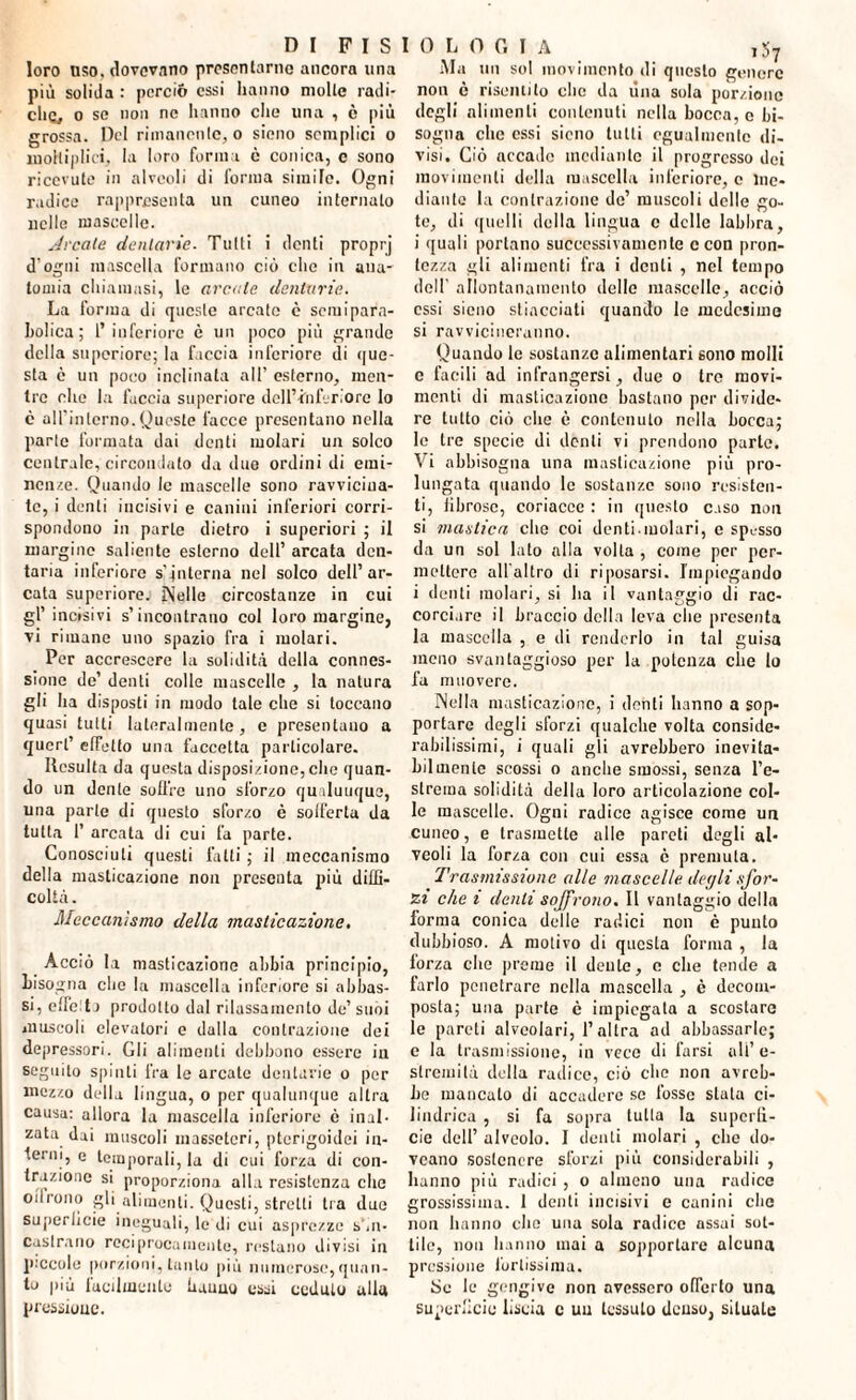 loro liso, dovevano presentarne ancora una più solida : perciò essi hanno molte radi¬ che, o se non ne hanno che una , e più grossa. Del rimanente, o sieno semplici o moltiplica, la loro forma è conica, e sono ricevute in alveoli di forma simife. Ogni radice rappresenta un cuneo internato nelle mascelle. Arcate dentarie. Tutti i denti proprj d ogai mascella formano ciò che in ana¬ tomia chiamasi, le arcale dentarie. La forma di queste arcate c seraipara- holica ; l’inferiore c un poco più grande della superiore; la faccia inferiore di que¬ sta c un poco inclinata all’ esterno, men¬ tre che la faccia superiore dell’-ìnferiore lo c ull'interno.Queste facce presentano nella parte formata dai denti molari un solco centrale, circondato da due ordini di emi¬ nenze. Quando le mascelle sono ravvicina¬ te, i denti incisivi e canini inferiori corri¬ spondono in parte dietro i superiori ; il margine saliente esterno dell’ arcata den¬ taria inferiore s’jnterna nel solco dell’ar¬ cata superiore. Nelle circostanze in cui gl’incisivi s’incontrano col loro margine, vi rimane uno spazio fra i molari. Per accrescere la solidità della connes¬ sione de’ denti colle mascelle , la natura gli ha disposti in modo tale che si toccano quasi tutti lateralmente, c presentano a qucrl’ effetto una faccetta particolare. Resulta da questa disposizione, che quan¬ do un dente soffre uno sforzo qualuuque, una parte di questo sforzo è solferta da tutta 1’ arcata di cui fa parte. Conosciuti questi fatti ; il meccanismo della masticazione non presenta più diffi¬ coltà. Meccanismo della masticazione. Acciò la masticazione abbia principio, bisogna che la mascella inferiore si abbas¬ si, effelto prodotto dal rilassamento de’ suoi muscoli elevatori e dalla contrazione dei depressori. Gli alimenti debbono essere in seguito spinti fra le arcate dentarie o per mezzo della lingua, o per qualunque altra causa: allora la mascella inferiore é inal¬ zata dai muscoli masseteri, pterigoidei in¬ ferni, e temporali, la di cui forza di con¬ trazione si proporziona alla resistenza che Olirono gli alimenti. Questi, stretti tra due superficie ineguali, le di cui asprezze s ,n- castrano reciprocamente, restano divisi in piccole porzioni, tanto più numerose,quan¬ to più facilmente hauuo essi ceduto alla pressione. IO LOGIA i5j Ala un sol movimento di questo genere non ò risentito clic da lina sola porzione degli alimenti contenuti nella bocca, e bi¬ sogna che essi sieno tutti egualmente di¬ visi. Ciò accade mediante il progresso dei movimenti della mascella inferiore, e me¬ diante la contrazione de’ muscoli delle go¬ te, di quelli della lingua c delle labbra, i quali portano successivamente c con pron¬ tezza gli alimenti fra i denti , nel tempo dell' allontanamento delle mascelle, acciò essi sieno stiacciati quando le medesimo si ravvicineranno. Quando le sostanze alimentari sono molli c facili ad infrangersi, due o tre movi¬ menti di masticazione bastano per divide¬ re tutto ciò che è contenuto nella bocca; le tre specie di denti vi prendono parte. Vi abbisogna una masticazione più pro¬ lungata quando lo sostanze sono resisten¬ ti, librosc, coriacee : in questo caso non si mastica che coi denti.molari, e spasso da un sol lato alla volta , come per per¬ metterò all'altro di riposarsi. Impiegando i denti molari, si ha il vantaggio di rac¬ corci,ire il braccio della leva che presenta la mascella , e di renderlo in tal guisa meno svantaggioso per la potenza che lo fa muovere. Nella masticazione, i denti hanno a sop¬ portare degli sforzi qualche volta conside¬ rabilissimi, i quali gli avrebbero inevita¬ bilmente scossi o anche smossi, senza l’e¬ strema solidità della loro articolazione col¬ le mascelle. Ogni radice agisce come un cuneo, e trasmette alle pareti degli al¬ veoli la forza con cui essa ò premuta. Trasmissione alle mascelle deyli sfor¬ zi che i denti soffrono. 11 vantaggio della forma conica delle radici non è punto dubbioso. A motivo di questa forma , la lorza elio preme il dente, c che tende a farlo penetrare nella mascella , è decom¬ posta; una parte è impiegata a scostare le pareti alveolari, l’altra ad abbassarle; e la trasmissione, in vece di farsi ali’e- streinilà della radice, ciò clic non avreb¬ be mancato di accadere se fosse stata ci¬ lindrica , si fa sopra tutta la superfì¬ cie dell’ alveolo. I denti molari , clic do- vcano sostenere sforzi più considerabili , hanno più radici , o almeno una radice grossissima. I denti incisivi e canini che non hanno elio una sola radico assai sot¬ tile, non hanno mai a sopportare alcuna pressione fortissima. Se le gengive non avessero offerto una superficie liscia c un tessuto denso, situale