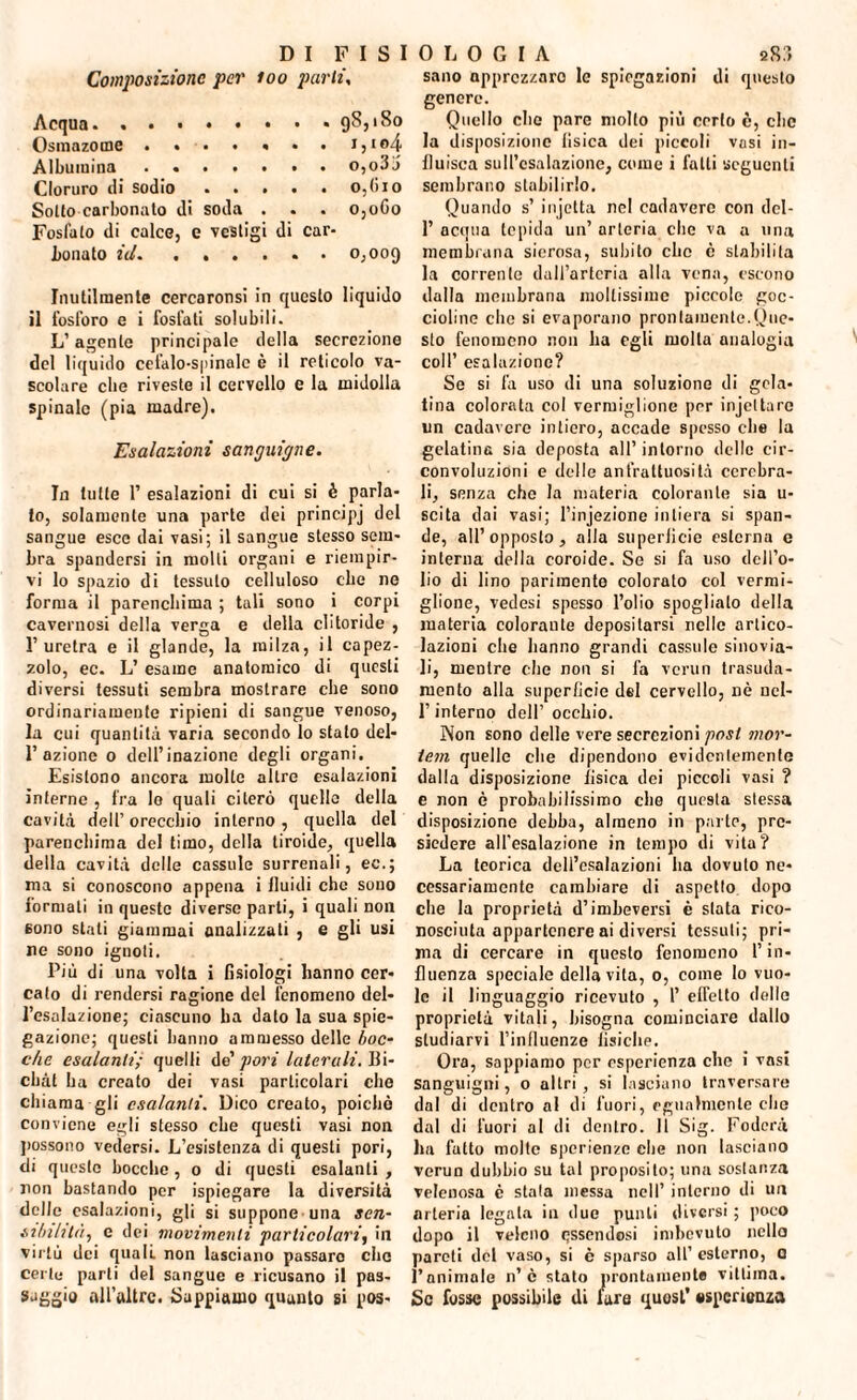 Composizione pei' too parli, Acqua.98,180 Osmazome.., i ©4 Albumina . «.o,o3j Cloruro ili sodio ..... o,(>io Sotto carbonato di soda . . . OjoGo Fosfato di calce, e vestigi di car¬ bonato id. ...... 0,009 Inutilmente cercaronsi in questo liquido il fosforo e i fosfati solubili. L’agente principale della secrezione del liquido cefalo-spinale è il reticolo va¬ scolare che riveste il cervello e la midolla spinale (pia madre). Esalazioni sanguigne. In tutte 1’ esalazioni di cui si è parla¬ to, solamente una parte dei principj del sangue esce dai vasi; il sangue stesso sem¬ bra spandersi in molli organi e riempir¬ vi lo spazio di tessuto celluloso che ne forma il parenchima ; tali sono i corpi cavernosi della verga e della clitoride , l’uretra e il glande, la milza, il capez¬ zolo, ec. L’esame anatomico di questi diversi tessuti sembra mostrare che sono ordinariamente ripieni di sangue venoso, la cui quantità varia secondo lo stato del- 1’azione 0 dell’inazione degli organi. Esistono ancora molte altre esalazioni interne , fra le quali citerò quelle della cavità dell’ orecchio interno , quella del parenchima del timo, della tiroide, quella della cavità delle casside surrenali, ec.; ma si conoscono appena i lluiili che sono formali in queste diverse parti, i quali non sono stati giammai analizzati , e gli usi ne sono ignoti. Più di una volta i fisiologi hanno cer¬ cato di rendersi ragione del fenomeno del¬ l’esalazione; ciascuno ha dato la sua spie¬ gazione; questi hanno ammesso delle boc¬ che esalanti; quelli de’ pori laterali. Bi¬ chat ha creato dei vasi particolari che chiama gli esalanti. Dico creato, poiché conviene egli stesso che questi vasi non possono vedersi. L’esistenza di questi pori, di queste bocche , o di questi esalanti , non bastando per ispiegare la diversità delle esalazioni, gli si suppone una sen¬ sibilità, e dei movimenti particolari, in virtù dei quali non lasciano passare che certo parti del sangue e ricusano il pas¬ saggio all’allrc. Sappiamo quanto si pos¬ sano apprezzare le spiegazioni di questo genere. Quello che pare molto più certo è, che la disposizione fisica dei piccoli vasi in¬ fluisca sull’esalazione, come i fatti seguenti sembrano stabilirlo. Quando s’ injetta nel cadavere con dcl- 1’ acqua lepida un’ arteria clic va a una membrana sierosa, subito clic è stabilita la corrente dall’arteria alla vena, escono dalla membrana moltissime piccole goc¬ cioline che si evaporano prontamente.Que¬ sto fenomeno non ha egli molta analogia coll’ esalazione? Se si fa uso di una soluzione di gela¬ tina colorata col vermiglione per injeltarc un cadavere intiero, accade spesso che la gelatine sia deposta all’intorno delle cir¬ convoluzioni e delle anfrattuosita cerebra¬ li, senza che la materia colorante sia u- scita dai vasi; l’injezione intiera si span¬ de, all’opposto, alla superficie esterna c interna della coroide. Se si fa uso dell’o¬ lio di lino parimente colorato col vermi¬ glione, vedesi spesso l’olio spoglialo della materia colorante depositarsi nelle artico¬ lazioni che hanno grandi casside sinovia- li, mentre che non si fa vcrun trasuda¬ mento alla superficie del cervello, nè nel- l’interno dell’ occhio. Non sono delle vere secrezioni post mor¬ tem quelle che dipendono evidentemente dalla disposizione fisica dei piccoli vasi ? e non è probabilissimo elio questa stessa disposizione debba, almeno in parte, pre¬ siedere all’esalazione in tempo di vita? La teorica dell’esalazioni ha dovuto ne¬ cessariamente cambiare di aspetto dopo che la proprietà d’imbeversi è stata rico¬ nosciuta appartenere ai diversi tessuti; pri¬ ma di cercare in questo fenomeno l’in¬ fluenza speciale della vita, o, come Io vuo¬ le il linguaggio ricevuto , 1’ effetto (lidio proprietà vitali, bisogna cominciare dallo studiarvi l’inlluenze fisiche. Ora, sappiamo per esperienza che i vasi Sanguigni, o altri, si lasciano traversare dal di dentro al di fuori, egualmente elio dal di fuori al ili dentro. Il Sig. Follerà ha fatto molte sperienze che non lasciano verun dubbio su tal proposito; una sostanza velenosa è stata inessa nell’ intorno di un arteria legata in due punti diversi ; poco dopo il veleno essendosi imbevuto nella pareti ilei vaso, si è sparso all’esterno, 0 l’animale n’ è stato prontamente vittiina. Se fosse possibile di lare quost’ esperienza