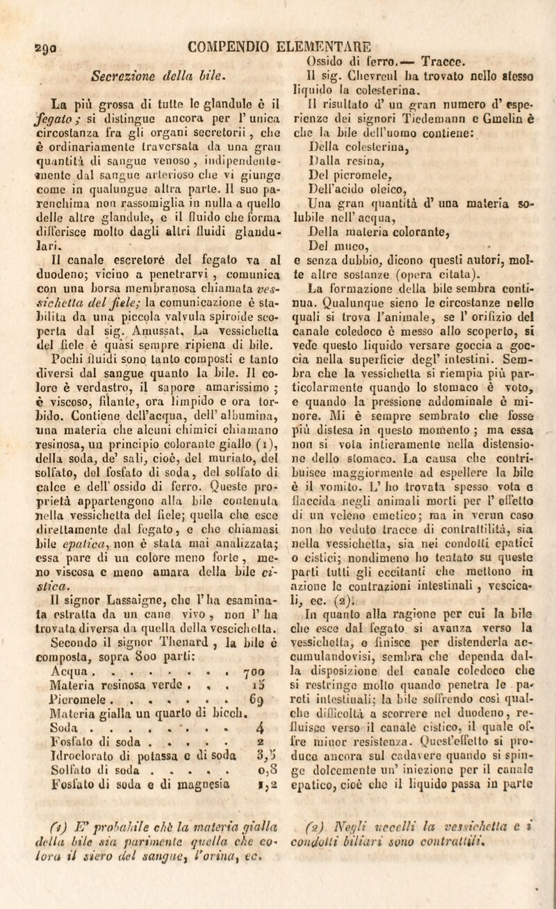 Ossido di Terrò.— Tracce. Secrezione della bile. La più grossa di tulio Io glandule è il fegato; si distingue ancora per l’unica circostanza fra gii organi secretorii , die è ordinariamente traversata da una gran quantità di sangue venoso , indipendente- inerite dal sangue arterioso che vi giunge come in qualungue altra parte. Il suo pa¬ renchima non rassomiglia in nulla a quello delle altre glandule, e il fluido che forma differisce molto dagli altri fluidi glaudu- lari. Il canale escretore del fegato va al duodeno; vicino a penetrarvi , comunica con una borsa membranosa chiamata ves- sichetla elei fiele; la comunicazione è sta¬ llili ta da una piccola valvula spiroide sco¬ perta dal sig. Amussat. La vcssichclta del fiele è quasi sempre ripiena di bile. Pochi fluidi sono tanto composti c tanto diversi dal sangue quanto la bile. Il co¬ loro è verdastro, il sapore amarissimo ; è viscoso, filante, ora limpido c ora tor¬ bido. Contiene dell’acqua, dell’albumina, lina materia che alcuni chimici chiamano resinosa, un principio colorante giallo (i), della soda, de’ sali, cioè, del muriato, del solfato, del fosfato di soda, del solfato di calce e dell’ossido di ferro. Queste pro¬ prietà appartengono alla bile contenuta nella vessichctta del fiele; quella che esco direttamente dal fegato, c che chiamasi Life epatica, non è stala mai analizzata; essa pare di un colore meno forte , me¬ no viscosa c meno amara della bile ci¬ stica. Il signor Lassaigne, che l’ha esamina¬ ta estratta da un cane vivo , non 1’ ha trovata diversa da quella della vescichetta. Secondo il signor Thcnard , la bile c composta, sopra 800 parti: Acqua. 700 Materia resinosa verde . , . ili Picromele....... 69 Materia gialla un quarto di bicch. Soda ........ 4 Fosfato di soda. 2 Jdrocloralo di potassa c di soda 3,!5 Solfato di soda ..... o,S Fosfato di soda 0 di magnesia i}2 fi) E' probabile cbò la materia gialla della bile sia parimente livella che co- Jora il siero del sangue, l’orina, ec. 11 sig. Chcvreul ha trovato nello stesso liquido la colesterina. 11 risultalo d’ uu gran numero d’ espe¬ rienze dei signori Tiedemann c Gmelin è elio la buie dell’uomo contiene: Della colesterina, Dalla resina. Del picromelc. Dell’acido oleico, Una gran quantità d’ una materia so¬ lubile nell’acqua, Della materia colorante, Del muco, e senza dubbio, dicono questi autori, mol¬ te altro sostanze (opima citata). La formazione della bile sembra conti¬ nua. Qualunque sieno le circostanze nello quali si trova l’animale, se 1’ orifizio del canale coledoco ò messo allo scoperto, si vede questo liquido versare goccia a goc¬ cia nella superficie degl’ intestini. Sem¬ bra che la vessichetta si riempia più par¬ ticolarmente quando lo stomaco è voto, e quando la pressione addominale è mi¬ nore. Mi è sempre sembrato che fosse più distesa in questo momento ; ma essa non si vota intieramente nella distensio¬ ne dello stomaco. La causa che contri¬ buisce maggiormente ad espellere la bile c il vomito. L’ ho trovata spesso vota a llnccida negli animali morti per 1’ ofletto di un veleno emetico; ma in vcrun caso non ho veduto tracce di contrattilità, sia nella vessichetta, sia nei condotti epatici o cistici; nondimeno ho tentato su queste parti lutti gli eccitanti che mettono in azione le contrazioni intestinali , vcscica- li, ec. (2). In quanto alla ragione per cui la bile che esce dal fegato si avanza verso la vessichetta, 0 finisce per distenderla ac- cumulandovisi, sembra clic dependa dal¬ la disposizione del canale coledoco che si restringo mollo quando penetra le pa¬ reti intestinali; la bile soffrendo cosi qual¬ che difficoltà a scorrere nel duodeno, re¬ fluisce verso il canale cistico, il quale of¬ fre minor resistenza. Quesl’elfctto si pro¬ duce ancora sul cadavere quando si spin¬ ge dolcemente un’ iniezione per il canale epatico, cioè clic il liquido passa in parte (2) Negli uccelli la vessichetta c 1 condoni biliari sono contrattili.