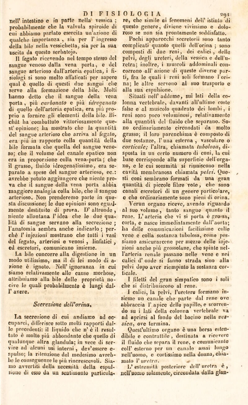 nell’ intostino o in parto nella vessica ; probabilmente elio la valvola spiroide di cui abbiamo parlato esercita un’azione di qualche importanza , sia per 1’ ingresso della bile nella vessichetla, sia per la sua uscita da questo serbatojo. II fegato ricevendo nel tempo stesso del sangue venoso dalla vena porta, o del sangue arterioso dall’arteria epatica, i fi¬ siologi si sono molto affaticati per sapere qual c quello di questi due sangui che serve alla formazione della bile. Molti hanno detto che il sangue della vena porta , più carbonato e più idrogenalo di quello dell’arteria epatica, era più pro¬ prio a fornire gli elementi della bile, Bi- chàt ha combattuto vittoriosamente que¬ st’opinione; ha mostrato che la quantità del sangue arterioso elio arriva al fegato, era più in rapporto colla quantità della bile formata che quella del sangue veno¬ so; che il volume del canale epatico non era in proporzione colla vena-porta ; che il grasso, fluido idrogenatissimo, era se¬ parato a spese del sangue arterioso, ec.: avrebbe potuto aggiungere che niente pro¬ va che il sangue della vena porta abbia maggiore analogia colla bile, che il sangue arterioso. Non prenderemo parte in que¬ sta discussione; le due opinioni sono egual¬ mente destituite di prova. D’ altronde , niente allontana l’idea che le due qua¬ lità di sangue servano alla secrezione ; l’anatomia sembra anche indicarlo ; per¬ chè l’injezioni mostrano che tutti i vasi del fegato, arteriosi e venosi , linfatici , ed escretori, comunicano insieme. La bile concorre alla digestione in un modo utilissimo, ma il di lei modo di a- zione è ignoto. Nell’ ignoranza in cui siamo relativamente allo cause morbose, attribuiamo alla bile delle proprietà no¬ cive le quali probabilmente è lungi dal- 1’ avere. Secrezione dell’orma* La secrezione di cui andiamo ad oc¬ cuparci, differisce sotto molti rapporti dal¬ le precedenti: il liquido che n’ è il resul¬ talo è molto più abbondante che quello di qualunque altra gianduia; in vece di ser¬ vire ad alcuni usi interni, dev’essere c- spulso; la ritenzione del medesimo avreb¬ be le conseguenze le più rìncrescevoli. Sia¬ mo avvertiti della necessità della espul¬ sione di cssu da uu saUiuumto particola¬ re, clic simile ai fenomeni dell’ istinto di questo genere, diviene vivissimo o dolo¬ roso se non sia prontamente soddisfatto. Pochi apparecchi sccrctorii sono tanto complicati quanto quelli dell'orma ; sono composti di due reni, dei calici , delle pelvi, degli ureteri, della vessica e dell’u¬ retra; inoltre, i muscoli addominali con¬ corrono all’ azione di queste diverse par¬ li, fra Io quali i reni soli fermano l’ori¬ na; le altro servono al suo trasporto c alla sua espulsione. Situati nell’ addome, sui lati della co¬ lonna vertebrale, davanti all'ultimo coste falso o al muscolo quadrato dei lombi, i reni sono poco voluminosi, relativamente alla quantità del lìuido che separano. So¬ no ordinariamente circondati da molto grasso; il loro parenchima è composto di due sostanze, 1’ una esterna , vascolare o corticale; l’altra, chiamata tubolosa, di¬ sposta in un certo numero di coni, la cui base corrisponde alla superficie dell'orga¬ no, c le cui sommità si riuniscono nella cavità membranosa chiamata pelvi. Quo- sti coni sembrano formati da una gran quantità di piccolo fibre voto, che sono canali escretori di un genere particolare, e elio ordinariamente sono pieni di orina. Vcrun organo riceve, avendo riguardo al suo volume, tanto sangue quanto il rene. L’arteria che vi si porta è grossa, corta, e nasce immediatamente dall’aorta; ha delle comunicazioni facilissimo celle vene e colla sostanza tubolosa, come pos¬ siamo assicurarcene per mezzo delle injc- zioni anche più grossolane, che spinte ncl- l’artcria renalo passano nelle vene e nei calici d’ onde si fanno strada sino alla pelvi dopo aver riempiuto la sostanza cor¬ ticale. I filetti del gran simpatico sono i soli che si distribuiscono al rene. I calici, la pelvi, l’uretero formano in¬ sieme un canale clic parte dal rene ove abbraccia 1’ apice delle papille, e scorren¬ do su i lati della colonna vertebrale va ad aprirsi al fondo del bacino nella ves¬ sica, ove termina. QucsL’ullimo organo è una borsa esten¬ dibile e contrattile, destinata a ricovero il fluido che separa il rene, c comunicante coll’ esterno per un canale assai lungo nell’uomo, c cortissimo nella donna, chia¬ mato l’uretra. * 1/ estremità posteriore dell’ urelra è , ucll’uoino solamente, circondala dalla glun-