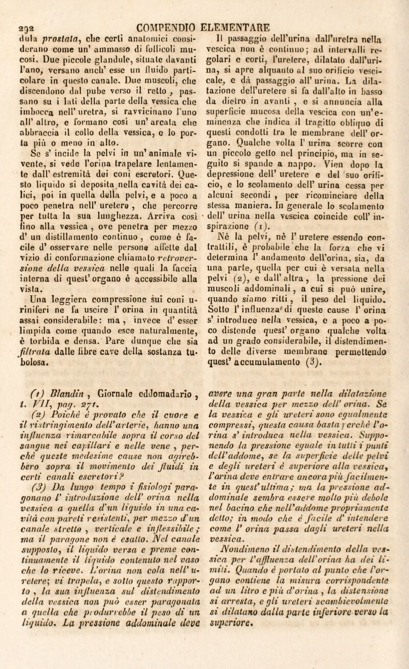 dula prostata, die corti anatomici consi¬ derano come un’ ammasso di tulli col i mu¬ cosi. Due piccole glandule, situate davanti l’ano, versano aneli’ esse un fluido parti¬ colare in questo canale. Due muscoli, che discendono dal pube verso il retto , pas¬ sano su i lati della parte della vessica che imbocca nell’ uretra, si ravvicinano l'uno all’altro, e formano cosi un’arcata clic abbraccia il collo della vessica, e lo por¬ la più o meno in allo. Se s’ incide la pelvi in un’animale vi¬ vente, si vede l’orina trapelare lentamen¬ te dall’estremità dei coni escretori. Que¬ sto liquido si deposita nella cavità dei ca¬ lici, poi in quella della pelvi, e a poco a poco penetra nell’ uretera , che percorre per tutta la sua lunghezza. Arriva cosi lino alla vessica , ove penetra per mezzo d’ un distillamento continuo, corno c fa¬ cile d’ osservare nelle persona aifette dal vizio di conformazione chiamato retrover¬ sione della vessica nelle quali la faccia interna di quest’organo è accessibile alla vista. Una leggiera compressione sui coni u- riniferi ne fa uscire 1’ orina in quantità assai considerabile: ma, invece d’esser limpida come quando esce naturalmente, è torbida e densa. Pare dunque che sia filtrala dalle libre cave della sostanza tu¬ bolosa. (1) Blandiii , Giornale eddomadario , i. VII, par/. 2jt. (2) Poiché è provato che il cuore e il ri stringimento dell' arterie, hanno una influenza rimarcabile sopra il corso del sangue nei capillari e nelle vene , per¬ ché queste medesime cause non agireb¬ bero sopra il movimento dei Jluidi in certi canali escretori? (3) Da lungo tempo i fisiologi para¬ gonano l’ introduzione dell' orina nella vessica a quella d’un liquido in una ca¬ vità con pareli resistenti, per mezzo d’un canale stretto , verticale e inflessibile ; ma il paragone non è esatto. Nel canale supposto, il liquido versa e preme con¬ tinuamente il liquido contenuto nel vaso che lo riceve. L’orina non cola nell’u¬ retere', vi trapela, e sotto questo rappor¬ to , la sua influenza sul distendimento della vessica non può esser paragonata a quella che produrrebbe il peso di un liquido. La pressione addominale deve Il passaggio dell’urina dall’uretra nella vescica non è continuo; ad intervalli re¬ golari c corti, l’uretere, dilatato dall’uri- na, si apre alquanto al suo orificio vesci- cale, c dà passaggio all’ urina. La dila¬ tazione dell’uretere si fa dall’alto in basso da dietro in avanti , e si annuncia alla superficie mucosa della vescica con un’e¬ minenza che indica il tragitto obliquo di questi condotti tra le membrane dell’ or¬ gano. Qualche volta I’ urina scorre con un piccolo getto nel principio, ma in se¬ guito si spande a nappo. Vien dopo la depressione dell’ uretere e del suo orifi¬ cio, e lo scolamento dell’ urina cessa per alcuni secondi , per ricominciare della stessa maniera. In generale lo scolamento dell’ urina nella vescica coincide coll’ in¬ spirazione fi). Nè la pelvi, nè 1’ uretere essendo con¬ trattili, è probabile che la forza che vi determina 1’ andamento dell’orina, sia, da una parte, quella per cui è versala nella pelvi (2), e dall’altra, la pressione dei muscoli addominali, a cui si può unire, quando sfamo ritti , il peso del liquido. Sotto l’influenza'di queste cause l’orina s’ introduco nella vessica, e a poco a po¬ co distende quest’ organo qualche volta ad un grado considerabile, il distendimen¬ to delle diverse membrane permettendo quest’ accumulamento (3). avere una gran parte nella dilatazione della vessica per mezzo dell’ orina. Se la vessica e gli ureteri sono egualmente compressi, questa causa basta 7 crché l’o¬ rina s’introduca nella vessica. Suppo¬ nendo la pressione eguale in lutti ipunii dell’addome, se la superficie delle pelvi e degli ureteri é superiore alla vessica, l’oj'ina deve entrare ancora più facilmen¬ te in quest’ ultima ; ma la pressione ad¬ dominale sembra essere mollo più debole nel bacino che nell’addome propriamente detto; in modo che è facile d’ intendere come V orina passa dagli ureteri nella vessica. Nondimeno il distendimento della ves¬ sica per l’affluenza dell'orina ha dei li¬ miti. Quando è portato al punto che l’or¬ gano contiene la misura corrispondente ad un litro e più d’ovina , la distensione si arresta, e gli ureteri scambievolmente si dilatano dalla parte inferiore verso la supcriore.