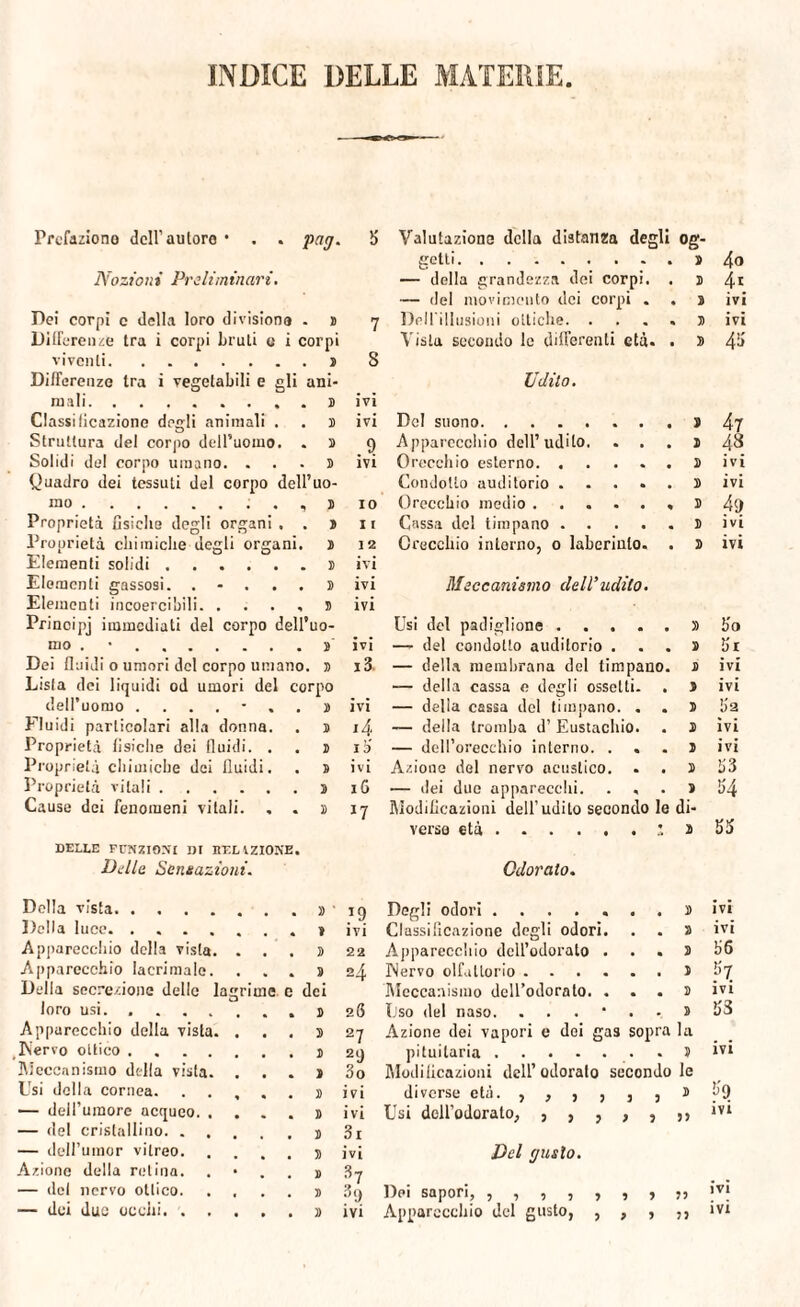 Prefazioni) dell’autore • . . patj. b' Valutazione della distanza degli O l getti. 2 4o Nozioni Preliminari. — della grandezza dei corpi. . 2 4.1 — del movimento dei corpi . 2 IVI Dei corpi e della loro di visiona . » 7 Dell illusioni ottiche. 2 ivi Differenze tra i corpi bruii o i corpi Vista secondo le differenti età. . 2 45 viventi.2 8 Differenze tra i vegetabili e gli ani- Odilo. mali.2 ivi Classificazione degli animali . . 2 ivi Del suono. 2 47 Struttura del corpo dell’uomo. . 2 9 Apparecchio dell’udito. . . 2 48 Solidi del corpo umano. ... 2 IVI Orecchio esterno. ..... 2 ivi Quadro dei tessuti del corpo dell’uo- ConJotlo auditorio. 2 IVI ino.. j) IO Orecchio medio.« 2 4s> Proprietà fisiche degli organi . . 2 I [ Cassa del timpano. 2 IVI Proprietà chimiche degli organi. 2 12 Orecchio intorno, 0 labcriulo. . 2 ivi Elementi solidi.2 ivi Elementi gassosi. . - 2 ivi Meccanismo dell’udito. Elementi incoercibili. . . . . s ivi Principj immediati del corpo dell’uo- Usi del padiglione. 2 ò'o mo . .2 IVI — del condotto auditorio . . . 2 hi Dei fluidi 0 umori del corpo umano. 2 i3. — della membrana del timpano. 2 ivi Lisia dei liquidi od umori del corpo — della cassa e degli osselti. . 3 ivi dell’uomo ....... 2 ivi — della cassa del timpano. . 2 fi 2 Fluidi particolari alla donna. . 2 i4 — della tromba d’ Eustachio. 2 IVI Proprietà fisiche dei fluidi. . . 2 rfi — delPorecchio interno. . . 2 ivi Proprietà chimiche dei fluidi. . * ivi Azione del nervo acustico. 2 fi 3 Proprietà vitali.2 iG — dei due apparecchi. . . 2 fi4 Cause dei fenomeni vitali. , . 2 *7 Modificazioni dell’udito secondo le di- versa età.’ 2 fifi DELLE FUNZIONI DI RELAZIONE. Delle. Sensazioni. Odorato. Della vista. 2 *9 Degli odori .... 2 ivi Della luce.« V IVI Classificazione degli odori 2 IVI Apparecchio della vista. . 2 22 Apparecchio dell’odorato 2 fi6 Apparecchio lacrimalo. . . . 2 24 Nervo olfattorio . 2 fi7 Della secrezione delle lagrime c dei Meccanismo dell’odorato. 2 ivi loro usi. ... 2 28 Uso del naso. 2 fi3 Apparecchio della vista. . . . 2 27 Azione dei vapori e dei gas sopra la Nervo ottico. I 2 9 pituitaria. } ivi Meccanismo dtdla vista. . . . 2 So Modificazioni dell’odorato secondo le Usi della cornea. 2 ivi diverse età. , , , , 3 3 2 fi’9 — dell’umore acqueo. . 2 ivi Usi dell’odorato, , , , 3 3 33 IVI — del cristallino. . 2 3i — dell’utnor vitreo. 2 ivi Del ffuslo. Azione della retina. » 37 — del nervo ottico. .... J) % Dpi sapori, , , , , , 3 3 33 ivi