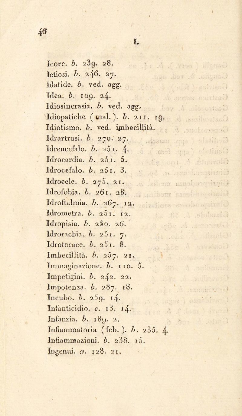 L Icore, b. 289. 28. Icliosi. h. 246. 27. Idatide. è. ved. agg. Idea. b. 109. 24. Idiosincrasia, b. ved. agg. Idiopatiche (mal.), b. 21 1, 19. Idiotismo. Zn ved. imbecillità. Idrartrosi, h. 270. 27. Idrencefalo. Zo 25 1. 4* Idrocardia. b. 261. 5. Idrocefalo, b. 251. 3. Idrocele. Z>. 275. 21. Idrofobia, b. 261. 28. Idroftalmia. b. 267. 12. Idrometra, b. 261. 12. Idropisia, b. 2.&0. 26. Idrorachia. Z>. 251. 7. Idrotorace, b. 201. 8. Imbecillità, b. iby. 21, Immaginazione, b. no. 5. Impetigini, b. 242. 22. Impotenza, b. 287. 18. Incubo, b, n5g. i/\. Infanticidio, c. i3. i4* Infanzia, b. 189. 2. Infiammatoria (feb. ). h. 235, x| Infiammazioni, b. 238. i5.