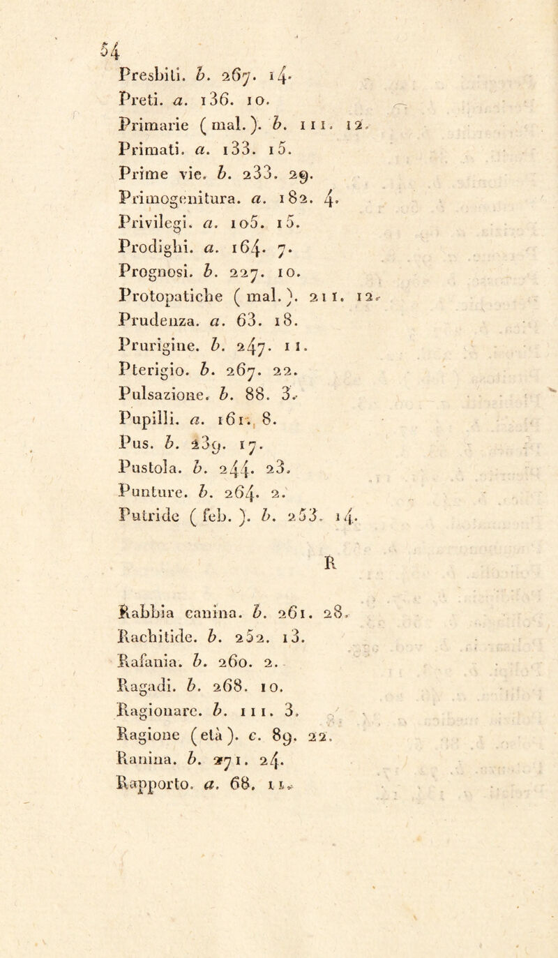 Presbiti, b. 267. i4* Preti, a. i36. io. Primarie ( mal. ). b. 111. 12. Primati, a. i33. io. Prime vie. b. 233. 29. Primogenitura, a. 182. 4» Privilegi, a. io5. io. Prodighi, a. 16^. 7. Prognosi, b. 227. io. Protopatiche (mal.). 211. 12, Prudenza, a. 63. 18. Prurigine. b. 247* n. Pterigio. h. 267. 22. Pulsazione, b. 88. 3.- Pupilli, a. 161. 8. Pus. h. 209. 17. Pustola, b. 244* ^3. Punture, h. 264* 2. Putride ( feb. ). b. 2 53. 14. R Rabbia canina, b. 261. 28. Rachitide, b. 252. i3. Rafania. b. 260. 2. Ragadi, b. 268. IO. Ragionare, b. 111. 3. / Ragione (età), c. 89. 22. Ranina. b. 2-71. 24. Rapporto, a. 68. 11