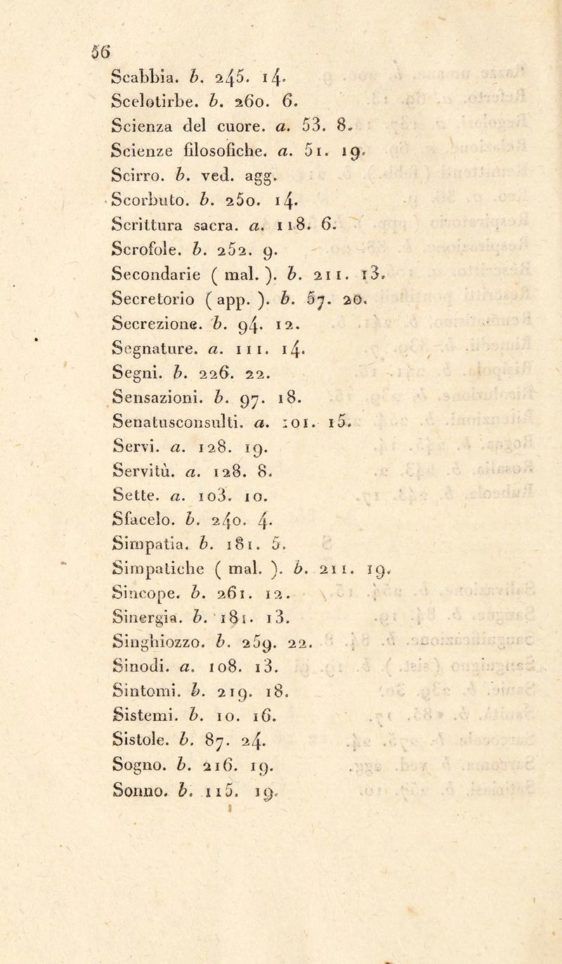 Scabbia, b. 2^5. i/\* Scelotirbe. b, 260. 6. Scienza elei cuore, a. 53. 8. Scienze filosofiche, a. 5i. 19. Scirro, b. ved. agg. Scorbuto, b. s5o. i\. Scrittura sacra, a. 118. 6. Scrofole, b. 2^2. 9. Secondarie (mal.), b. 21 1. 1 Secretorio ( app. ). b. 57. 20. Secrezione, b. 94. 12. Segnature, a. 111. i4- Segni, b. 226. 22. Sensazioni, b. 97. 18. Senatiisconsulti. a. :oi. i5. Servi, a. 128. 19. Servitù, a. 128. 8. Sette, a. io3. io. Sfacelo, b. 2^0. 4* Simpatia, b. 181. 5. Simpatiche ( mal. ). b. 211. Sincope, b. 261. 12. Sinergia, b. 181. 13. Singhiozzo, b. 269. 22. Sinodi, a. 108. i3. Sintomi, b. 219. 18. Sistemi, b. io. 16. Sistole, b. 87. 24. Sogno, b. 216. 19. Sonno, b. 110. 19.
