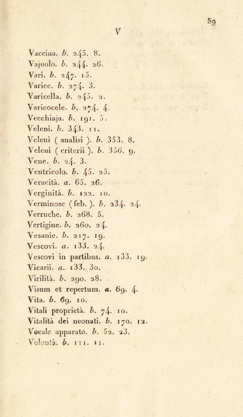 V Vaccina, b. 245. 8. Vajnolo. b. 244. 26. Vari. b. 247* io. Varice, b. 274* 3. Varicella, b. 240. 2. Varicocele. b. 27 4- 4* Vecchiaja. b. 191. 5. Veleni, h. 343. 1 1. Veleni ( analisi ). b. 353. 8. Veleni ( criterii ). b. 35G. 9, Vene. b. 24* 3. Ventricolo, b. 45. 20. Veracità, a. 65. 26. Verginità, b. 122. io. Verminose (feb. ). h. 234* 24» Verruche. h. 268. 5. Vertigine, h. 260. Vesanie. b. 217. 19. Vescovi, a. 133. 24. Vescovi in partibus. a. 133. 19, Vicarii. a. i33. 3o. V irilità, b. 290. 28. Visum et repertum. a. 69. 4* Vita. b. 69. io. Vitali proprietà, b. io. Vitalità dei neonati, b. 170. 12. Vocale apparato, b. 62. a3» Volontà, b. ili. U.