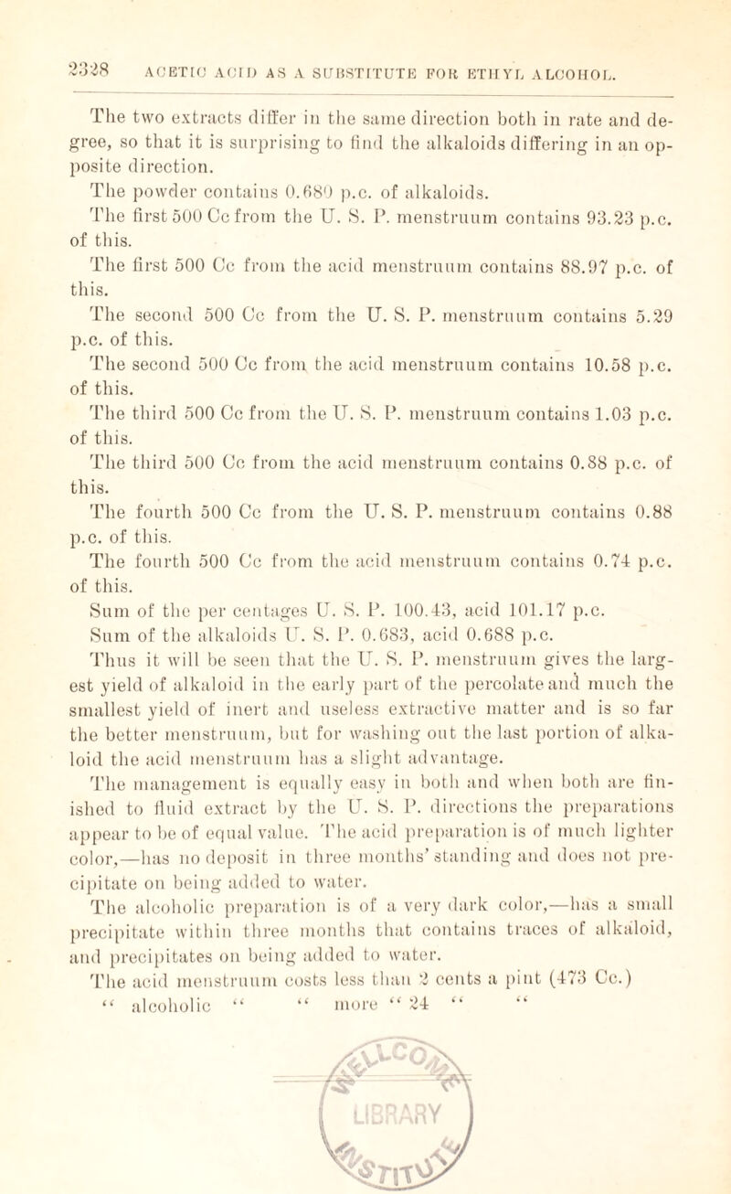 The two extracts differ in the same direction both in rate and de¬ gree, so that it is surprising to find the alkaloids differing in an op¬ posite direction. The powder contains 0.680 p.c. of alkaloids. The first 500 Cc from the U. S. P. menstruum contains 93.23 p.c. of this. The first 500 Cc from the acid menstruum contains 88.97 p.c. of this. The second 500 Cc from the U. S. P. menstruum contains 5.29 p.c. of this. The second 500 Cc from the acid menstruum contains 10.58 p.c. of this. The third 500 Cc from the U. S. P. menstruum contains 1.03 p.c. of this. The third 500 Cc from the acid menstruum contains 0.88 p.c. of this. The fourth 500 Cc from the IT. S. P. menstruum contains 0.88 p.c. of this. The fourth 500 Cc from the acid menstruum contains 0.74 p.c. of this. Sum of the per centages IT. S. P. 100.43, acid 101.17 p.c. Sum of the alkaloids IT. S. P. 0.683, acid 0.688 p.c. Thus it will be seen that the IT. S. P. menstruum gives the larg¬ est yield of alkaloid in the early part of the percolate and much the smallest yield of inert and useless extractive matter and is so far the better menstruum, but for washing out the last portion of alka¬ loid the acid menstruum has a slight advantage. 'l’lie management is equally easy in both and when both are fin¬ ished to fluid extract by the IT. S. P. directions the preparations appear to be of equal value. The acid preparation is of much lighter color,—has no deposit in three months’standing and does not pre¬ cipitate on being added to water. The alcoholic preparation is of a very dark color,—has a small precipitate within three months that contains traces of alkaloid, and precipitates on being added to water. The acid menstruum costs less than 2 cents a pint (473 Cc.) “ alcoholic “ “ more “24 “ “