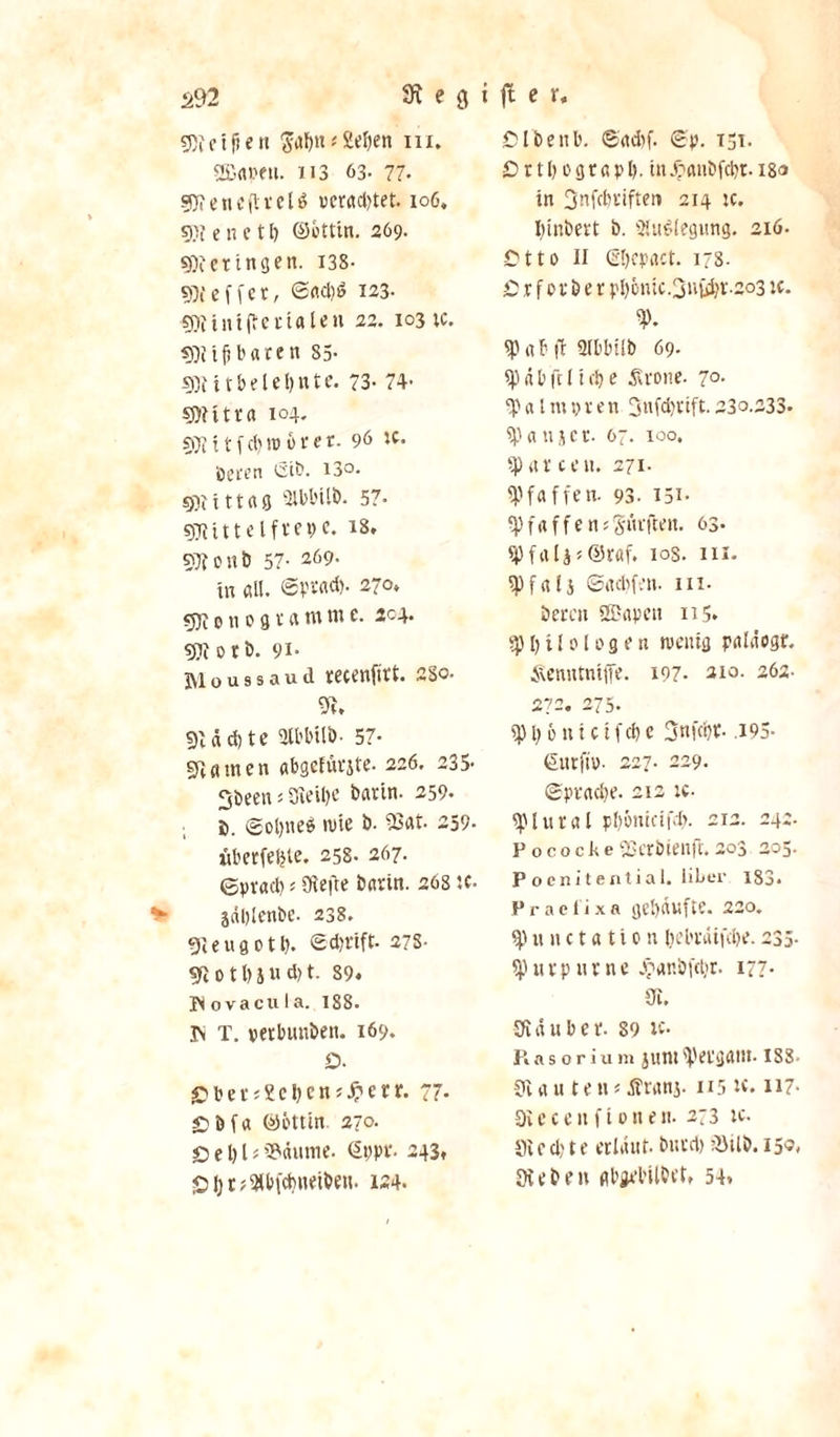 gjietfjen # fielen in. 2£rti?ftl. 113 63- 77. sjjfencftvcU verachtet. 106. gif ene 11) ©ottin. 269. geringen. 138- söfeffet, ©rtd)6 123- •s»?tniflcct«ten 22. 103 tc. «Ollßbfltrn 85- sßi itb fiel) utc. 73- 74- soUtva 104. 50iitfd)n&gt;ürer. 96 tc. Öeren Cif'. 13°. Mittag Slbbilb. 57- SSRittelfvepe. 18. 97? 0 n b 57- 269- in all. 27o. 5)i 0110 g t (i nt nt c. 2^4* sjjiotb. 9i- Moussaud recenfirt. 280. 9t. 9?dcf)te äbMfe- 57- SR «men «bgefüfjte. 226. 235- 3been 5 Sietljc barin. 259. i. @ol)tte$ wie b. 93at- 259. xit'erfeijte, 258. 267. Gprad):Sftefie barin. 268 tc. v jäiRcnbe. 238. gieugotl). Schrift. 278- SR O 11) J « d) t. 89. INovacuta. 188. IN T. petbunben. 169. O. £ber:2cl)cn:£et:r. 77- £)öfa ©öttin 270. £3 c l) l i SSäume. €i;pt*. 243. £ljt?2l&amp;fcf}netben. 124. Clbettb. ©aebf. 0p. 15t. £&gt; r 11) 0 g r ß v I). in£anbfcbt. 180 in 3nfd)tiftert 214 je. Ifinbert b. 3Ut6Iegung. 216. Otto II ßlKPact. 178. Orfotber pl)6ntc.3utd?t.2o3 tc. % sp a b ft 9Ibbtlt&gt; 69. sp ä b ft 11 rt} e Srone. 7°- a l m t) v e n 3nfd)tift. 23o-233. Spant er. 67. 100. tparte«. 271. Pfaffen. 93. 151- ‘Pfaffen; Stuften. 63- Vf«li*®r«f. i°8. in- &lt;Pf«13 ©aebfen. in. bereit ÖBapen 115. spijiloloflfn wenig palttogr. Äenittntffe. 197. 210. 262- 272. 275. «Pb&amp;ntcifc&amp;e 3nf(i)t. .195- ©utfib. 227. 229. ©ptndje. 212 tc. Spiural plfottictfd). 212. 242. PocockeSßerbienft.203 205. Pocnitential. über 183. Praefixa gehäufte. 220. $|)unctation iiebraifdie. 235- Sp u r p n r n e ^anbfdjr. 177. Üi. Stäuber. 89 tc. Kasorium jutttf'et'grttlt. 188- £i? a tt ten: Äntnj. n5 tc. 117. Siecenftonen. 273 tc. Sted)te erlauf. bued) tSilb. 15$. Sieben flbgcl’ilbet, 54.