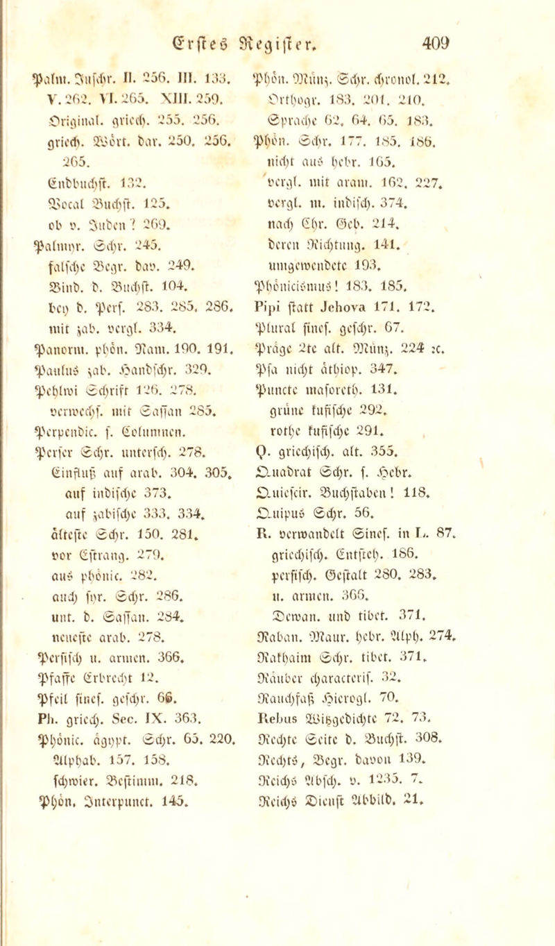 «Palm. 3uför. II. 256. III. 153. V. 262. VI. 265. XIII. 259. Original. griedj. 255. 256. gricd). SßSirr. bar. 250. 256. 265. (£nbbud)ft. 132. SSocat Sud) ft. 125. ob o. Silben 1 269. palntt)r. 0dtr. 245. falfd>c Segr. bau. 249. Sinb. b. Sud)fl. 104. bei) b. «perf. 283. 285. 2S6. mit jab. bcrgl. 334. Panorttt. pbott. 9?aiu. 190. 191. Paulus jab. Aanbfdfr. 329. petjlroi Sdjrift 126. 278. öcm>cd;[. mit 0affan 285. Perpcitbic. f. Golumtten. perfer 0d;r. uutcrfdj. 278. GinfUtü auf arab. 304. 305. auf iubifdjc 373. auf jabifdjc 333. 334. ältefte 0d)r. 150. 281. bor Sflrang. 279. au$ pböuic. 282. and) fi)r. 0d;r. 286. uut. b. ©affait. 284. neuefte arab. 278. Perfifd; u. armen. 366. Pfaffe (£rl'rcd;t 12. ‘Pfeil finef. gcfdjr. 66. Pli. gricd;. Sec. IX. 363. pi;6nic. ägt;pt. 0d;r. 65. 220, 2Upt)ab. 157. 158. fd;rmer. Seftimm. 218. pi;on. Sntcrpunct. 145. 'Pllöil. OJllillj. Sdir. dir ei io (. 212. Ortl'ogr. 183. 2dl. 210. 0pradic 62. 64. 65. 183. ‘Pbbn. 0d;r. 177. 185. 186. nid)t auS l;cbr. 165. bcrgl. mit aram. 162. 227. bergt, nt. iubifd;. 374. ttad; E(;r. ©cb. 214. bereit 9fid;tuitg. 141. uutgerocubctc 193. ‘Pböniciöntud! 183. 185. Pi)>i flatt Jehova 171. 172. ‘Plural finef. gcfdjr. 67. ‘Präge 2te alt. Olitittj. 224 :c. Pfa iud)t ätliiep. 347. Puticte ntaforctl;. 131. grüne fufifdje 292. rot£;c fuftfdjc 291. Q. gricd;ifd;. alt. 355. £tuabrat 0d;r. f. jpebr. £Utiefcir. S8ud;jlaben 1 US. £Luipu» 0d;r. 56. R. öermanbelt 0inef. in L. 87. griedjifd). ßntftcl;. 186. perfifd;. öeftalt 280. 283. u. armen. 365. Sbetvan. unb tibet. 371, Diaban. OJJaur. l)ebr. 2llpt). 274. Olafbaint 0d;r. tibet. 371. Oiäubcr d;aractcrif. 32. 9faud)faft Jjicrogl. 70. Rebus 2l3i§gcbid;tC 72. 73. 9fed)te 0eitc b. Sud)ft. 308. Oiedjt», Segr. baoou 139. JKeid)« 2l bfcl). u. 1235. 7. 9ieid)ö ©iettfl 2lbbilb. 21.