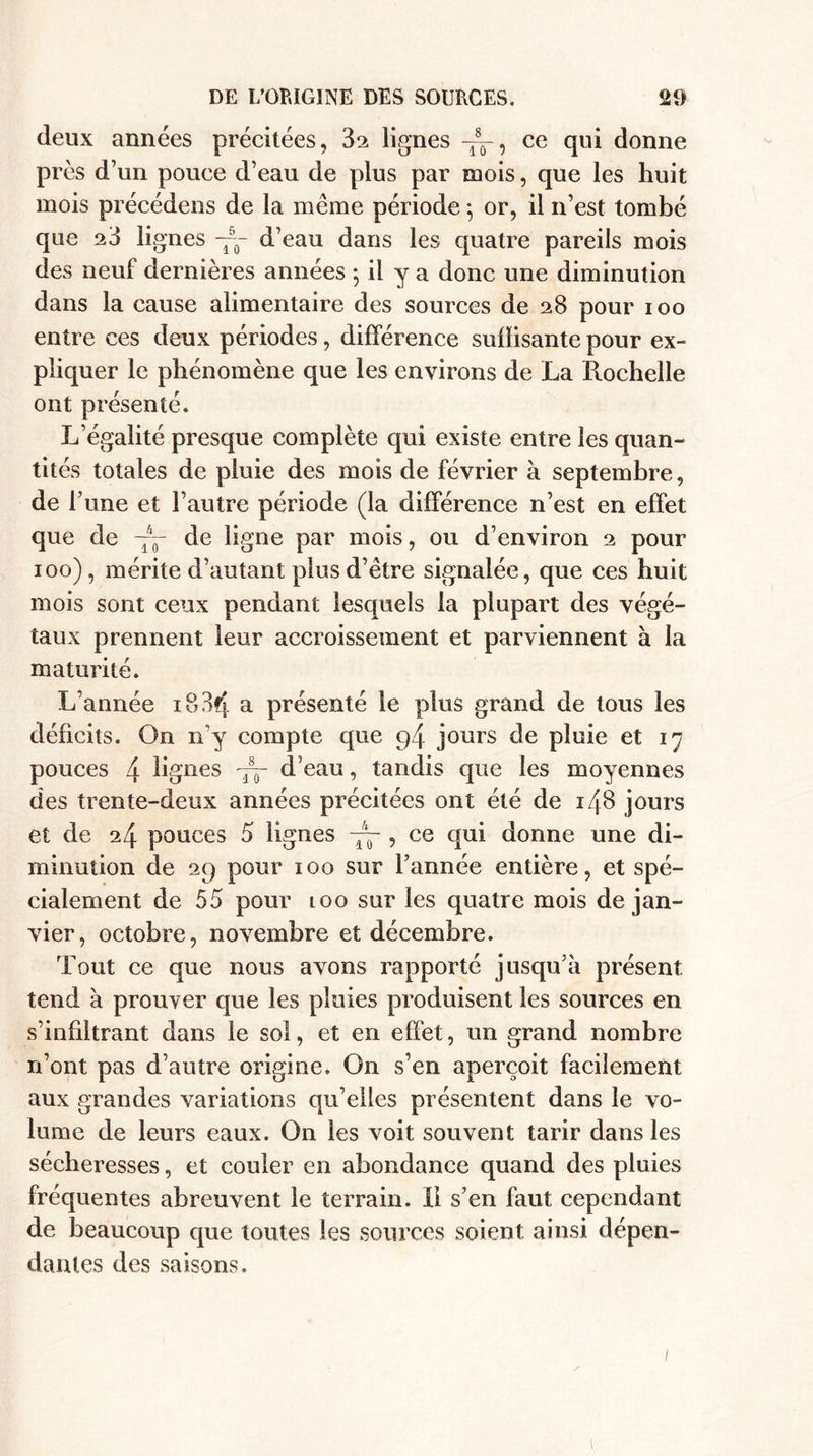 deux années précitées, 3s lignes T80-, ce qui donne près d’un pouce d’eau de plus par mois, que les huit mois précédens de la même période 5 or, il 11’est tombé que 23 lignes — d’eau dans les quatre pareils mois des neuf dernières années ; il y a donc une diminution dans la cause alimentaire des sources de 28 pour 100 entre ces deux périodes, différence suffisante pour ex¬ pliquer le phénomène que les environs de La Rochelle ont présenté. L’égalité presque complète qui existe entre les quan¬ tités totales de pluie des mois de février à septembre, de T une et l’autre période (la différence n’est en effet que de — de ligne par mois, ou d’environ 2 pour 100), mérite d’autant plus d’être signalée, que ces huit mois sont ceux pendant lesquels la plupart des végé¬ taux prennent leur accroissement et parviennent à la maturité. L’année 18 34 a présenté le plus grand de tous les déficits. On n’y compte que 94 jours de pluie et 17 pouces 4 lignes ~~ d’eau, tandis que les moyennes des trente-deux années précitées ont été de 148 jours et de 24 pouces 5 lignes , ce qui donne une di¬ minution de 29 pour 100 sur l’année entière, et spé¬ cialement de 55 pour 100 sur les quatre mois de jan¬ vier, octobre, novembre et décembre. Tout ce que nous avons rapporté jusqu’à présent tend à prouver que les pluies produisent les sources en s’infiltrant dans le sol, et en effet, un grand nombre n’ont pas d’autre origine. On s’en aperçoit facilement aux grandes variations qu’elles présentent dans le vo¬ lume de leurs eaux. On les voit souvent tarir dans les sécheresses, et couler en abondance quand des pluies fréquentes abreuvent le terrain. Il s’en faut cependant de beaucoup que toutes les sources soient ainsi dépen¬ dantes des saisons. 1