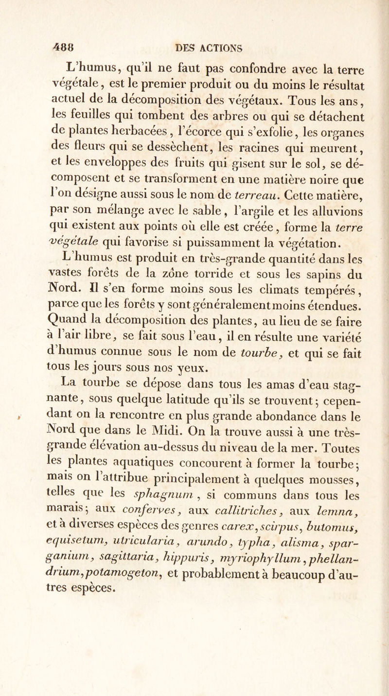 L’humus, qu’il ne faut pas confondre avec la terre végétale, est le premier produit ou du moins le résultat actuel de la décomposition des végétaux. Tous les ans, les feuilles qui tombent des arbres ou qui se détachent de plantes herbacées, l’écorce qui s’exfolie, les organes des fleurs qui se dessèchent, les racines qui meurent, et les enveloppes des fruits qui gisent sur le sol, se dé¬ composent et se transforment en une matière noire que 1 on désigné aussi sous le nom de terreau. Cette matière, par son mélange avec le sable, l’argile et les alluvions qui existent aux points où elle est créée, forme la terre végétale qui favorise si puissamment la végétation. L humus est produit en très-grande quantité dans les vastes forets de la zone torride et sous les sapins du Nord. Il s’en forme moins sous les climats tempérés, parce que les forêts y sont généralement moins étendues. Quand la décomposition des plantes, au lieu de se faire à l’air libre, se fait sous l’eau, il en résulte une variété d humus connue sous le nom de tourbe, et qui se fait tous les jours sous nos yeux. La tourbe se dépose dans tous les amas d’eau stag¬ nante , sous quelque latitude qu’ils se trouvent ; cepen¬ dant on la rencontre en plus grande abondance dans le Nord que dans le Midi. On la trouve aussi à une très- grande élévation au-dessus du niveau de la mer. Toutes les plantes aquatiques concourent à former la tourbe; mais on 1 attribue principalement à quelques mousses, telles que les sphagnum , si communs dans tous les marais; aux confejves, aux callitriches, aux lemna, et à diverses espèces des genres carex,scirpus, butomus, equisetum, utricularia, arundo, typha, alisma, spar- ganium, sagittaria, hippuris, myriophyllum, phellan- drium,potamogeton, et probablement à beaucoup d’au¬ tres espèces.