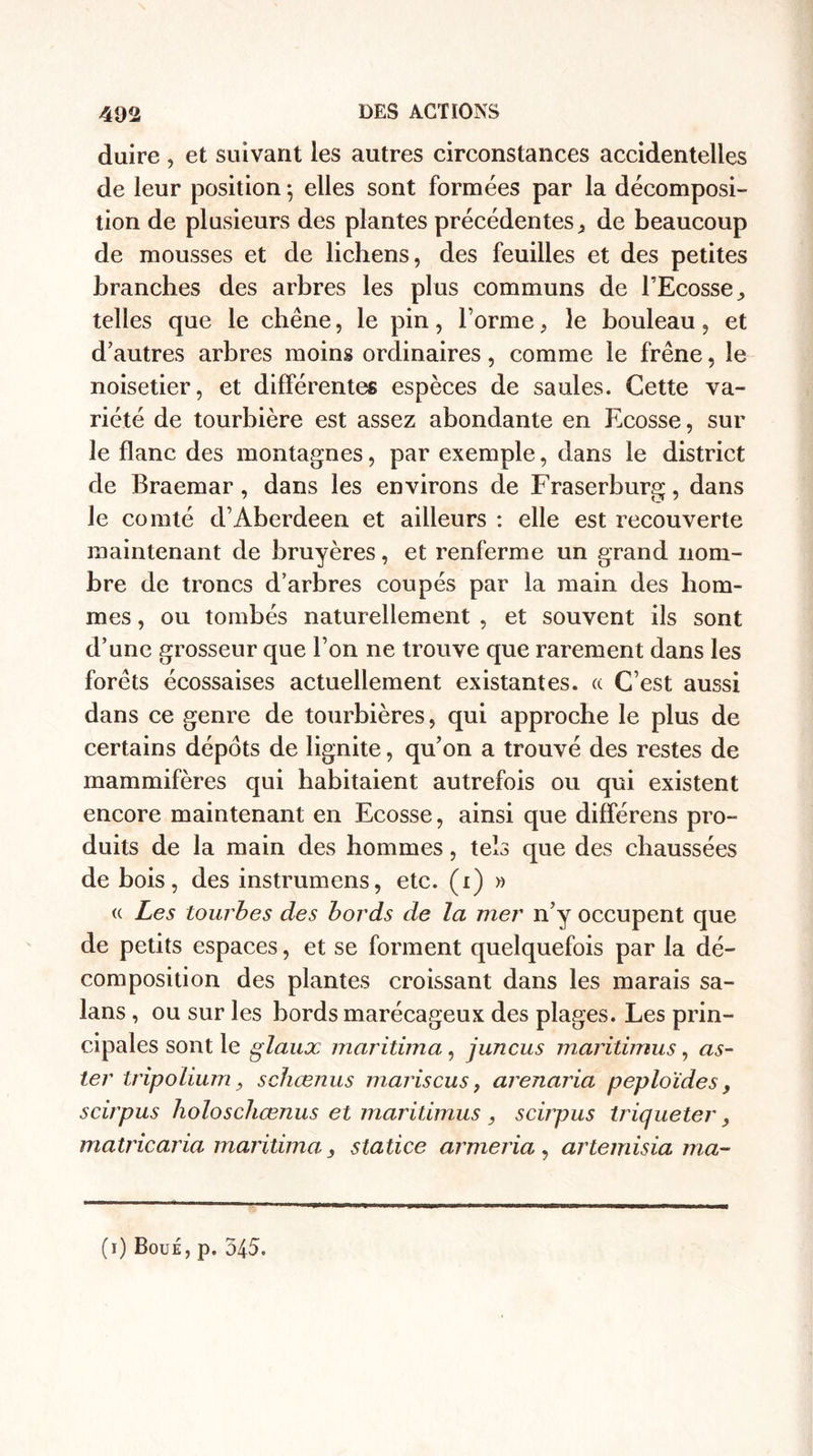 duire , et suivant les autres circonstances accidentelles de leur position ; elles sont formées par la décomposi¬ tion de plusieurs des plantes précédentes 3 de beaucoup de mousses et de lichens, des feuilles et des petites branches des arbres les plus communs de l’Ecosse., telles que le chêne, le pin, l’orme, le bouleau, et d’autres arbres moins ordinaires, comme le frêne, le noisetier, et différentes espèces de saules. Cette va¬ riété de tourbière est assez abondante en Ecosse, sur le flanc des montagnes, par exemple, dans le district de Braemar, dans les environs de Fraserburg, dans le comté d’Aberdeen et ailleurs : elle est recouverte maintenant de bruyères, et renferme un grand nom¬ bre de troncs d’arbres coupés par la main des hom¬ mes , ou tombés naturellement , et souvent ils sont d’une grosseur que l’on ne trouve que rarement dans les forêts écossaises actuellement existantes. « C’est aussi dans ce genre de tourbières, qui approche le plus de certains dépôts de lignite, qu’on a trouvé des restes de mammifères qui habitaient autrefois ou qui existent encore maintenant en Ecosse, ainsi que différens pro¬ duits de la main des hommes, tels que des chaussées de bois, des instrumens, etc. (i) » « Les tourbes des bords de la mer n’y occupent que de petits espaces, et se forment quelquefois par la dé¬ composition des plantes croissant dans les marais sa- lans , ou sur les bords marécageux des plages. Les prin¬ cipales sont le glaux maritima, juncus maritimus, as¬ ter tripolium, schœnus maris eus, arenaria peploïdes y scirpus holoschœnus et maritimus , scirpus triquetery mairie aria maritima y statice armeria , artemisia ma- (i) Boue, p. 545.