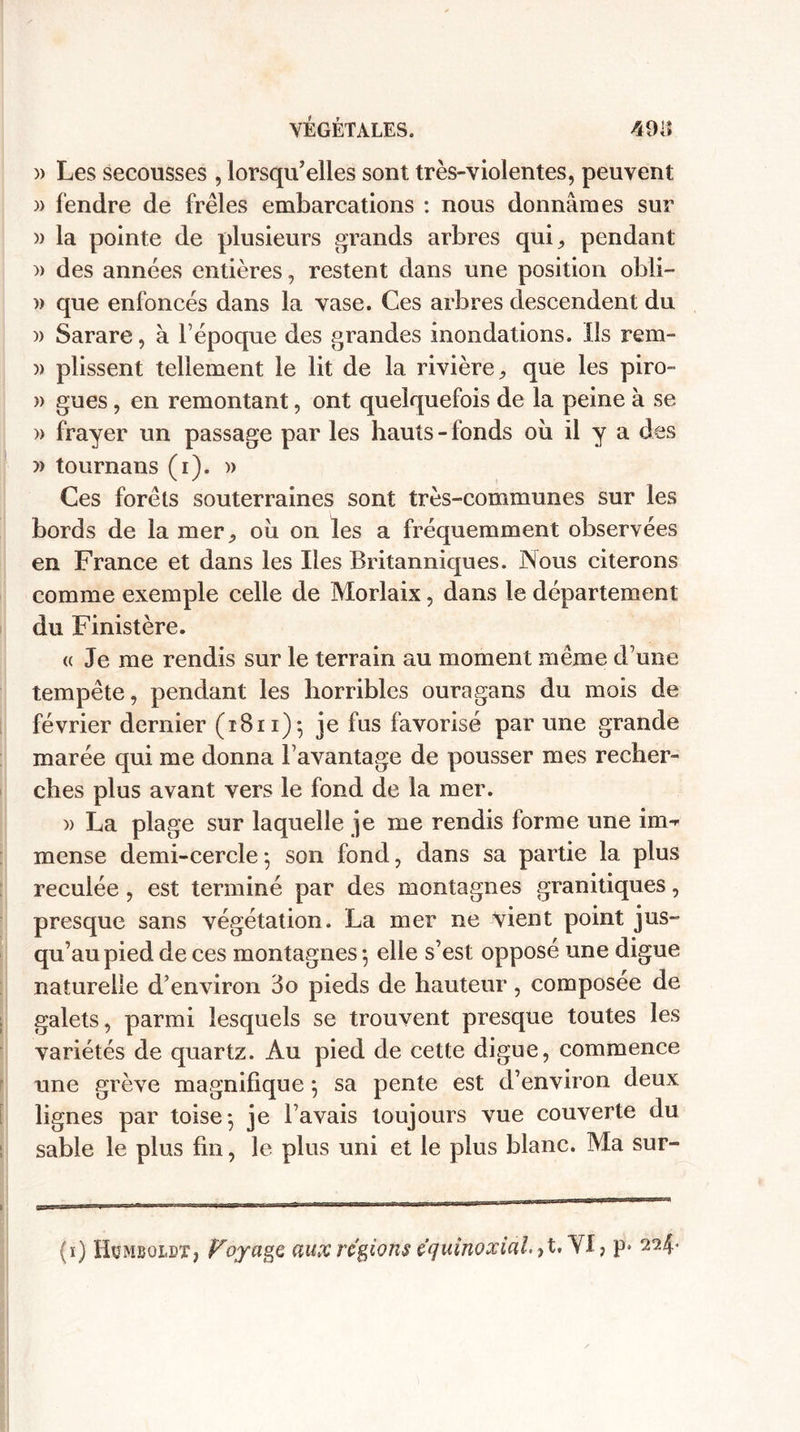 )&gt; Les secousses , lorsqu’elles sont très-violentes, peuvent )) fendre de frêles embarcations : nous donnâmes sur )&gt; la pointe de plusieurs grands arbres qui, pendant » des années entières, restent dans une position obli- )&gt; que enfoncés dans la vase. Ces arbres descendent du )) Sarare, à l’époque des grandes inondations. Ils rem- )&gt; plissent tellement le lit de la rivière, que les piro- » gués, en remontant, ont quelquefois de la peine à se » frayer un passage par les hauts - fonds oii il y a des » tournans (i). » Ces forêts souterraines sont très-communes sur les bords de la mer, où on les a fréquemment observées en France et dans les Iles Britanniques. Nous citerons comme exemple celle de Morlaix, dans le département du Finistère. « Je me rendis sur le terrain au moment même d’une tempête, pendant les horribles ouragans du mois de février dernier (ï8ii)*, je fus favorisé par une grande marée qui me donna l’avantage de pousser mes recher¬ ches plus avant vers le fond de la mer. » La plage sur laquelle je me rendis forme une im^ mense demi-cercle -, son fond, dans sa partie la plus reculée , est terminé par des montagnes granitiques, presque sans végétation. La mer ne vient point jus¬ qu’au pied de ces montagnes -, elle s’est opposé une digue naturelle d’environ 3o pieds de hauteur, composée de galets, parmi lesquels se trouvent presque toutes les variétés de quartz. Au pied de cette digue, commence une grève magnifique \ sa pente est d’environ deux lignes par toise*, je l’avais toujours vue couverte du sable le plus fin, le plus uni et le plus blanc. Ma sur- fi) Humboldt, Voyage aux régions équinoxial. ,t. VI? p* 224*