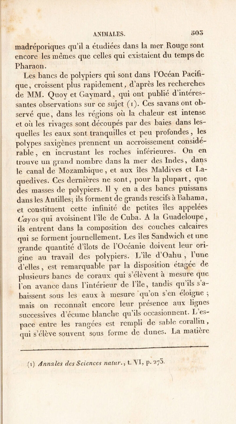 madréporiques qu’il a étudiées dans la mer Rouge sont encore les mêmes que celles qui existaient du temps de Pharaon. Les bancs de polypiers qui sont dans FOcéan Pacifi¬ que, croissent plus rapidement ^ d’après les recherches de MM. Quoy et Gaymard, qui ont publié d’intéres¬ santes observations sur ce sujet (i). Ces savans ont ob¬ servé que, dans les régions ou la chaleur est intense et où les rivages sont découpés par des baies dans les¬ quelles les eaux sont tranquilles et peu profondes, les polypes saxigènes prennent un accroissement considé¬ rable , en incrustant les roches inférieures. On en trouve un grand nombre dans la mer des Indes, dans le canal de Mozambique, et aux îles Maldives et La- quedives. Ces dernières ne sont, pour la plupart, que des masses de polypiers. Il y en a des bancs puissans dans les Antilles*, ils forment de grands rescifs àBahama, et constituent cette infinité de petites îles appelées Cayos qui avoisinent 1 île de Cuba. A la Guadeloupe, iis entrent dans la composition des couches calcaires qui se forment journellement. Les îles Sandwich et une grande quantité d îlots de 1 Oceanie doivent leui ori¬ gine au travail des polypiers. L’île d’Oahu , l’une d’elles , est remarquable par la disposition étagée de plusieurs bancs de coraux qui s’élèvent à mesure que l’on avance dans l’intérieur de l’île, tandis qu’ils s a- baissent sous les eaux à mesure qu’on s en éloigne j mais on reconnaît encore leur présence aux lignes successives d’écume blanche qu’ils occasionnent. L es¬ pace entre les rangées est rempli de sable corahin, qui s’élève souvent sous forme de dunes. La matière (i) Annales des Sciences natur., t. NI, P*