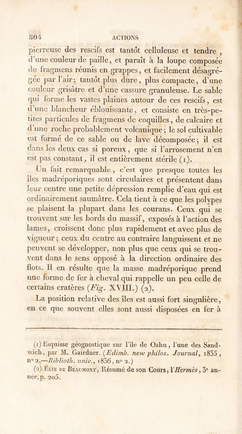 pierreuse des rescifs est tantôt celluleuse et tendre , d’une couleur de paille, et parait à la loupe composée de fragmens réunis en grappes, et facilement désagré¬ gée par Faix; tantôt plus dure, plus compacte, d’une couleur grisâtre et d’une cassure granuleuse. Le sable qui forme les vastes plaines autour de ces rescifs, est a’une blancheur éblouissante, et consiste en très-pe¬ tites particules de fragmens de coquilles, de calcaire et d une roche probablement volcanique •, le sol cultivable est formé de ce sable ou de lave décomposée; il est dans les deux cas si poreux, que si l’arrosement n’en est pas constant^ il est entièrement stérile (r). Un fait remarquable , c’est que presque toutes les îles madréporiques sont circulaires et présentent dans leur centre une petite dépression remplie d’eau qui est ordinairement saumâtre. Cela tient à ce que les polypes se plaisent la plupart dans les courans. Ceux qui se trouvent sur les bords du massif, exposés à l’action des lames, croissent donc plus rapidement et avec plus de vigueur ; ceux du centre au contraire languissent et ne peuvent se développer, non plus que ceux qui se trou¬ vent dans le sens opposé à la direction ordinaire des flots. Il en résulte que la masse madréporique prend une forme de fer à cheval qui rappelle un peu celle de certains cratères (Fig. XVIII.) (2). La position relative des îles est aussi fort singulière, en ce que souvent elles sont aussi disposées en fer à (1) Esquisse géognostique sur File de Oahu, l’une des Sand¬ wich, par M. Gairdner. (Eclimb. new philos. Journal, i835 , n°2.—Bihlioth. univi836,n° a.) (2) .Eue de Beaumont, Résumé de son Cours, XHermès, 3e an¬ née^. 2o5.