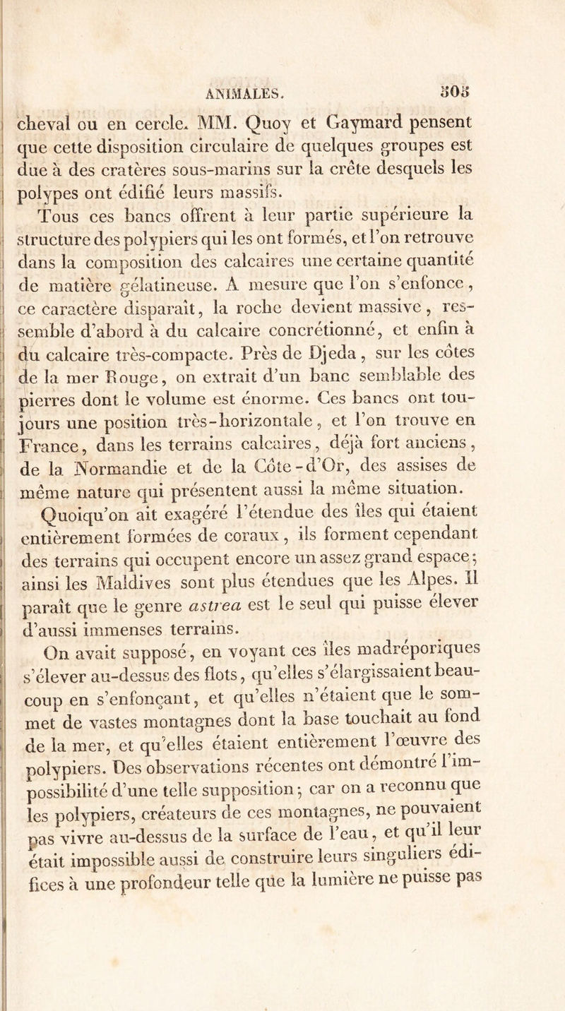 cheval ou en cercle, MM. Quoy et Gaymard pensent que cette disposition circulaire de quelques groupes est due à des cratères sous-marins sur la crête desquels les polypes ont édifié leurs massifs. Tous ces bancs offrent à leur partie supérieure la structure des polypiers qui les ont formés, et Ton retrouve dans la composition des calcaires une certaine quantité de matière gélatineuse. À mesure que I on s’enfonce, ce caractère disparait, la roche devient massive, res- i semble d’abord à du calcaire concrétionné, et enfin à du calcaire très-compacte. Près de Djeda , sur les cotes de la mer Bouge, on extrait d’un banc semblable des pierres dont le volume est énorme. Ces bancs ont tou¬ jours une position très - horizontale, et l’on trouve en France, dans les terrains calcaires, déjà fort anciens , de 1a. Normandie et de la Côte-d’Or, des assises de même nature qui présentent aussi la meme situation. Quoiqu’on ait exagéré l’etendue des des qui étaient entièrement formées de coraux , ils forment cependant des terrains qui occupent encore un assez grand espace ; j ainsi les Maldives sont plus etenaues que les Alpes, il j paraît que le genre asti ea est le seul qui puisse élever ? d’aussi immenses terrains. On avait supposé, en voyant ces des madreponques » s’élever au-dessus des flots, qu’elles s’élargissaient heau- i coup en s’enfonçant, et qu elles n étaient que le som¬ met de vastes montagnes dont la base touchait au fond de la mer, et qu elles étaient entièrement 1 œuvic nés polypiers. Des observations récentes ont démontré i im¬ possibilité d’une telle supposition -, car on a reconnu que les polypiers, créateurs de ces montagnes, ne pouvaient pas vivre au-dessus de la surface de l’eau, et qu il leui était impossible aussi de construire leurs singuliers édi¬ fices à une profondeur telle que la lumière ne puisse pas