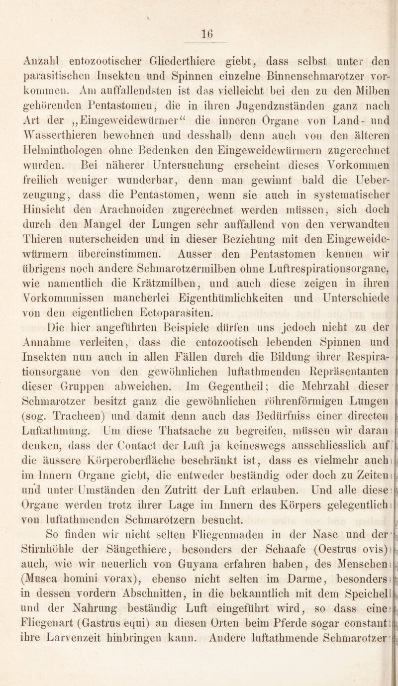 Anzahl ento zootisch er Gliederthiere giebt, dass selbst unter den parasitischen Insekten und Spinnen einzelne Binnenschmarotzer Vor¬ kommen. Am auffallendsten ist das v ielleicht bei den zu den Milben gehörenden Pentastomen, die in ihren Jugendzuständen ganz nach Art der „Eingeweidewürmeru die inneren Organe von Land- und Wasserthieren bewohnen und desshalb denn auch von den älteren Helminthologen ohne Bedenken den Eingeweidewürmern zugerechnet wurden. Bei näherer Untersuchung erscheint dieses Vorkommen freilich weniger wunderbar, denn man gewinnt bald die Ueber- zeugung, dass die Pentastomen, wenn sie auch in systematischer Hinsicht den Arachnoiden zugerechnet werden müssen, sich doch durch den Mangel der Lungen sehr auffallend von den verwandten Thieren unterscheiden und in dieser Beziehung mit den Eingeweide¬ würmern übereinstimmen. Ausser den Pentastomen kennen wir übrigens noch andere Schmarotzermilben ohne Luftrespirationsorgane, wie namentlich die Krätzmilben, und auch diese zeigen in ihren Vorkommnissen mancherlei Eigenthümlichkeiten und Unterschiede von den eigentlichen Ectoparasiten. Die hier angeführten Beispiele dürfen uns jedoch nicht zu der Annahme verleiten, dass die entozootisch lebenden Spinnen und Insekten nun auch in allen Fällen durch die Bildung ihrer Respira¬ tionsorgane von den gewöhnlichen luftathmenden Repräsentanten dieser Gruppen abweichen. Im Gegentheil; die Mehrzahl dieser Schmarotzer besitzt ganz die gewöhnlichen röhrenförmigen Lungen (sog. Tracheen) und damit denn auch das Bedürfniss einer directen 2 Luftathmung. Um diese Thatsache zu begreifen, müssen wir daran denken, dass der Contact der Luft ja keineswegs ausschliesslich auf 5 die äussere Körperoberfläche beschränkt ist, dass es vielmehr auchi im Innern Organe giebt, die entweder beständig oder doch zu Zeiten i F und unter Umständen den Zutritt der Luft erlauben. Und alle diese Organe werden trotz ihrer Lage im Innern des Körpers gelegentlich i von luftathmenden Schmarotzern besucht. t So finden wir nicht selten Fliegenmaden in der Nase und der Stirnhöhle der Säugethiere, besonders der Schaafe (Oestrus ovis) y auch, wie wir neuerlich von Guyana erfahren haben, des Menschen fj (Musca homini vorax), ebenso nicht selten im Darme, besonders in dessen vordem Abschnitten, in die bekanntlich mit dem Speichel und der Nahrung beständig Luft eingeführt wird, so dass eine Fliegenart (Gastrus equi) an diesen Orten beim Pferde sogar constant ihre Larvenzeit hinbringen kann. Andere luftathmende Schmarotzer e