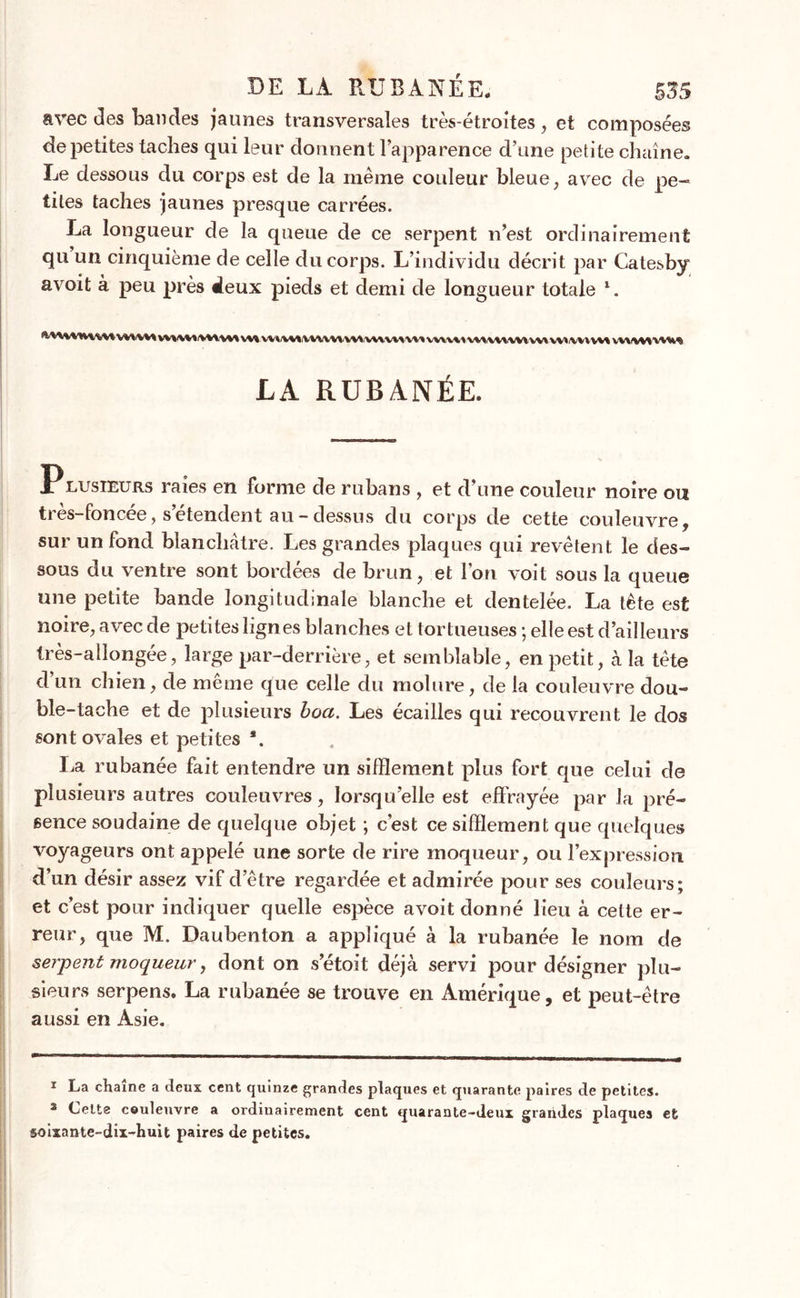 DE LA RUBANÉE. 555 avec des bandes jaunes transversales très-étroites, et composées cle petites taches qui leur donnent l’apparence d’une petite chaîne. Le dessous du corps est de la même couleur bleue, avec de pe- tites taches jaunes presque carrées. La longueur de la queue de ce serpent n’est ordinairement qu un cinquième de celle du corps. L’individu décrit par Catesby avoit à peu près deux pieds et demi de longueur totale 1 2. WWMWVilVM vv»*v»rw\w* VW VVVVV* VWVWVWVWV'V^ VV* VVVV\1 VWVVA V\1 WWW Wl VWfVWVWW LA RUBANÉE. Plusieurs raies en forme de rubans , et d’une couleur noire ou très-foncée, s’étendent au-dessus du corps de cette couleuvre, sur un fond blanchâtre. Les grandes plaques qui revêtent le des- sous du ventre sont bordées de brun, et l’on voit sous la queue une petite bande longitudinale blanche et dentelée. La tête est noire, avec de petites lign es blanches et tortueuses ; elle est d’ailleurs très-allongée, large par-derrière, et semblable, en petit, à la tête d’un chien, de même que celle du molure, de la couleuvre dou- ble-tache et de plusieurs boa. Les écailles qui recouvrent le dos sont ovales et petites *. La rubanée fait entendre un sifflement plus fort que celui de plusieurs autres couleuvres, lorsqu’elle est effrayée par la pré- sence soudaine de quelque objet ; c’est ce sifflement que quelques voyageurs ont appelé une sorte de rire moqueur, ou l’expression d’un désir assez vif d’être regardée et admirée pour ses couleurs ; et c’est pour indiquer quelle espèce avoit donné lieu à celte er- reur, que M. Daubenton a appliqué à la rubanée le nom de serpent moqueur, dont on s’étoit déjà servi pour désigner plu- sieurs serpens. La rubanée se trouve en Amérique, et peut-être aussi en Asie. 1 La chaîne a deux cent quinze grandes plaques et quarante paires de petites. 2 Cette couleuvre a ordinairement cent quarante-deux grandes plaques et soixante-dix-huit paires de petites.