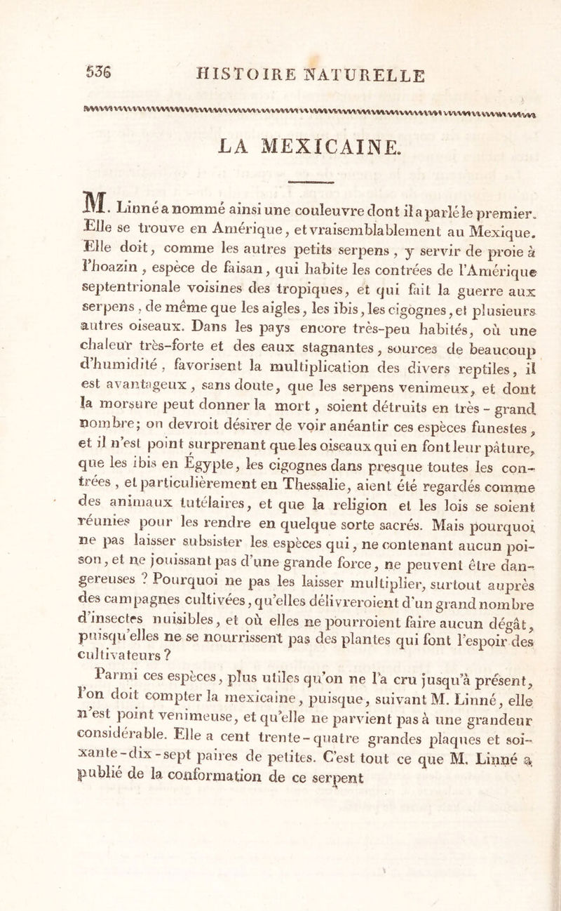 LA MEXICAINE. M . Linné a nommé ainsi une couleuvre dont il a parlé le premier. Elle se trouve en Amérique, et vraisemblablement au Mexique. Elfe doit, comme les autres petits serpens , y servir de proie à 1 hoazin , espèce de faisan, qui habite les contrées de l’Amérique septentrionale voisines des tropiques, et qui fait la guerre aux serpens , de meme que les aigles, les ibis, les cigognes, et plusieurs auti es oiseaux. Dans les pays encore très-peu habités, ou une chaleur très-forte et des eaux stagnantes, sources de beaucoup dhumidité, favorisent la multiplication des divers reptiles, il est avantageux, sans doute, que les serpens venimeux, et dont la morsure peut donner la mort, soient détruits en très - grand nombre; on devroit désirer de voir anéantir ces espèces funestes, et il n’est point surprenant que les oiseaux qui en font leur pâture, que les ibis en Égypte, les cigognes dans presque toutes les con- trées , et particulièrement en Thessalie, aient été regardés comme des animaux tutélaires, et que la religion et les lois se soient réunies pour les rendre en quelque sorte sacrés. Mais pourquoi, ne pas laisser subsister les espèces qui, ne contenant aucun poi- son, et ne jouissant pas d’une grande force, ne peuvent être dan- gereuses ? Pourquoi ne pas les laisser multiplier, surtout auprès des campagnes cultivées, qu elles délivreroient d’un grand nombre d insectes nuisibles, et où elles ne pourroient faire aucun dégât, puisqu’elles ne se nourrissent pas des plantes qui font l’espoir des cultivateurs ? 1 ai mi ces especes, plus utiles qu on ne l a cru jusqu’à présent. Ion doit compter la mexicaine, puisque, suivant M. Linné, elle n est point venimeuse, et quelle ne parvient pas à une grandeur considérable. Elle a cent trente-quatre grandes plaques et soi- xante-dix-sept paires de petites. C’est tout ce que M. Linné « publié de la conformation de ce serpent