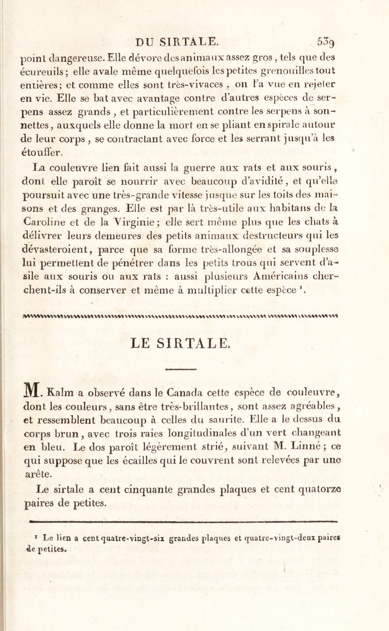 point dangereuse. Elle dévore des animaux assez gros, tels que des écureuils; elle avale même quelquefois les petites grenouilles tout entières; et comme elles sont très-vivaces , on l a vue en rejeter en vie. Elle se bat avec avantage contre d’autres espèces de ser- pens assez grands , et particulièrement contre les serpens à son- nettes, auxquels elle donne la mort en se pliant en spirale autour de leur corps, se contractant avec force et les serrant jusqu’à les étouffer. La couleuvre lien fait aussi la guerre aux rats et aux souris, dont elle paroît se nourrir avec beaucoup davidité, et qu’elle poursuit avec une très-grande vitesse jusque sur les toits des mai- sons et des granges. Elle est par là très-utile aux habitans de la Caroline et de la Virginie ; elle sert même plus que les chats à délivrer leurs demeures des petits animaux destructeurs qui les dévasteraient, parce que sa forme très-allongée et sa souplesse lui permettent de pénétrer dans les petits trous qui servent d’a- sile aux souris ou aux rats : aussi plusieurs Américains cher- chent-ils à conserver et même à multiplier cette espèce *. (WWWVWtfWt Vrt WWV» W» W VW* W»fW\\V\VVVVV\ W* VV\ VV» VV\ VV» vw VVWVXIVM WVVWVV* vV\ W \VÎ LE SIRTALE. M . Kalm a observé dans le Canada cette espèce de couleuvre, dont, les couleurs, sans être très-brillantes, sont assez agréables, et ressemblent beaucoup à celles du saurite. Elle a le dessus du corps brun, avec trois raies longitudinales d’un vert changeant en bleu. Le dos paroît légèrement strié, suivant M. Linné; ce qui suppose que les écailles qui le couvrent sont relevées par une arête. Le sirtale a cent cinquante grandes plaques et cent quatorze paires de petites. 1 Le lien a cent quatre-vingt-six grandes plaques et quatre-vingt-deui paires de petites. >