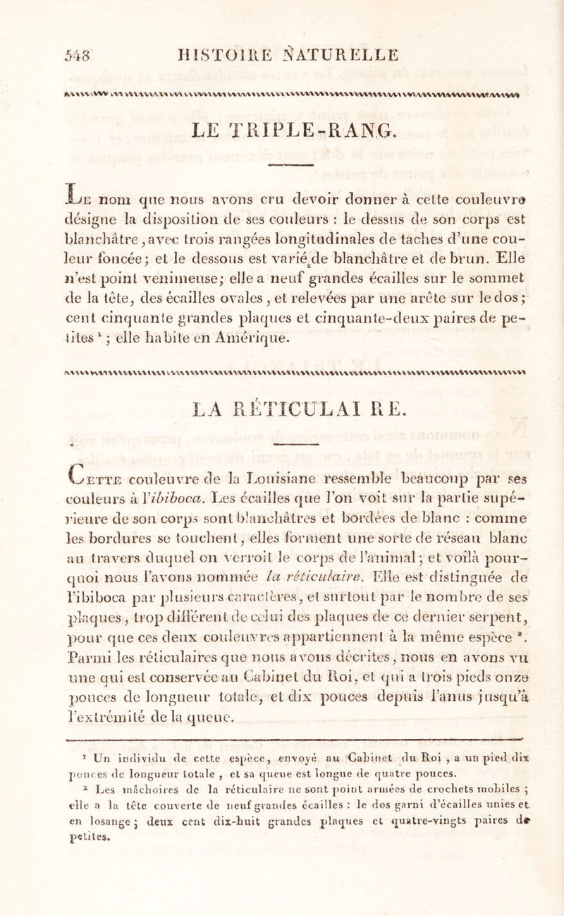 ^4»V\ VW vV> VVUMIUl VV\ VVWrtVMWVWUV\VV> W»^WW>VM(\WWmWU'»\M«VWMAMWlW*W LE TRIPLE-RANG. Le nom que nous avons cru devoir donner à celte couleuvre désigne la disposition de ses couleurs : le dessus de son corps est blanchâtre,avec trois rangées longitudinales de taches d’une cou- leur foncée; et le dessous est varié de blanchâtre et de brun. Elle n est point venimeuse; elle a neuf grandes écailles sur le sommet de la tête, des écailles ovales, et relevées par une arête sur le dos ; cent cinquante grandes plaques et cinquante-deux paires de pe- tites 1 2 ; elle habite en Amérique. ma v\ vv\i mvnu i vi\ w,Aivvi'u\'iv\v\AAvv>vvv\vvvvnvvi\nvv\vmnvvtvv\vM\vvw^vwvv\\wvvv^ LA RÉTICÜLAI RE. \y et te couleuvre de la Louisiane ressemble beaucoup par ses couleurs à Yibiboca. Les écailles que l’on voit sur la partie supé- rieure de sou corps sont blanchâtres et bordées de blanc : comme les bordures se touchent, elles forment une sorte de réseau blanc au travers duquel on verroit le corps de l’animal; et voilà pour- quoi nous l’avons nommée la réticulaire. Elle est distinguée de bibiboca par plusieurs caractères, et surtout par le nombre de ses plaques, trop différent de celui des plaques de ce dernier serpent, pour que ces deux couleuvres appartiennent à la même espèce s. Parmi les réticulaires que nous avons décrites, nous en avons vu une qui est conservée au Cabinet du Roi, et qui a trois pieds onze pouces de longueur totale, et dix pouces depuis l’anus jusqu’à l’extrémité delà queue. 1 Un individu de cette espèce, envoyé au Cabinet du Roi , a un pied dix pouces de longueur totale , et sa queue est longue de quatre pouces. 2 Les mâchoires de la réticulaire ne sont point armées de crocliets mobiles ; elle a la tête couverte de neuf grandes écailles: le dos garni d’écailles unies et en losange ; deux cent dix-huit grandes plaques et quatre-vingts paires de