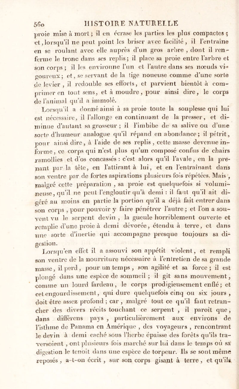 proie mise à mort ; il en écrase les parties les plus compactes ; et,lorsqu’il ne peut point les briser avec facilité, il l’entraîne en se roulant avec elle auprès d’un gros arbre , dont il ren- ferme le tronc dans ses replis; il place sa proie entre l’arbre et son corps ; il les environne l’un et l’autre dans ses noeuds vi- goureux; et, se servant de la tige noueuse comme d’une sorte de levier , il redouble ses efforts, et parvient bientôt à com- primer en tout sens, et à moudre, pour ainsi dire, le corps de ranimai qu’il a immolé. Lorsqu’il a donné ainsi à sa proie toute la souplesse qui lui est nécessaire, il l’allonge en continuant de la presser, et di- minue d’autant sa grosseur ; il l’imbibe de sa salive ou d’une sorte d’humeur analogue qu’il répand en abondance ; il pétrit, pour ainsi dire , à l’aide de ses replis , cette masse devenue in- forme, ce corps qui n’est plus qu’un composé confus de chairs ramollies et d’os concassés: c’est alors qu’il l’avale, en la pre- nant par la tête, en l’attirant à lui, et en l'entraînant dans son ventre par de fortes aspirations plusieurs fois répétées. Mais , maigre cette préparation , sa proie est quelquefois si volumi- neuse, qu’il ne peut l’engloutir qu a demi: il faut qu’il ait di- géré au moins en partie la portion qu’il a déjà fait entrer dans son corps , pour pouvoir y faire pénétrer l’autre; et l’on a sou- vent vu le serpent devin , la gueule horriblement ouverte et remplie d’une proie à demi dévorée, étendu à terre, et dans une sorte d’inertie qui accompagne presque toujours sa di- gestion. O Lorsqu’en effet il a assouvi son appétit violent, et rempli son ventre de la nourriture nécessaire à l’entretien de sa grande masse, il perd , pour un temps , son agilité et sa force; il est plongé dans une espèce de sommeil ; il gît sans mouvement, comme un lourd fardeau, le corps prodigieusement enflé ; et cet engourdissement, qui dure quelquefois cinq ou six jours, doit être assez profond ; car , malgré tout ce qu’il faut retran- cher des divers récits touchant ce serpent , il paroit que, dans différens pays , particulièrement aux environs de l’isthme de Panama en Amérique , des voyageurs , rencontrant îe devin à demi caché sous l’herbe épaisse des forets qu’ils tra- versoient , ont plusieurs fois marché sur lui dans le temps où sa digestion le tenoit dans une espèce de torpeur. Ils se sont même reposés , a-t-on écrit , sur son corps gisant à terre, et qu’ils