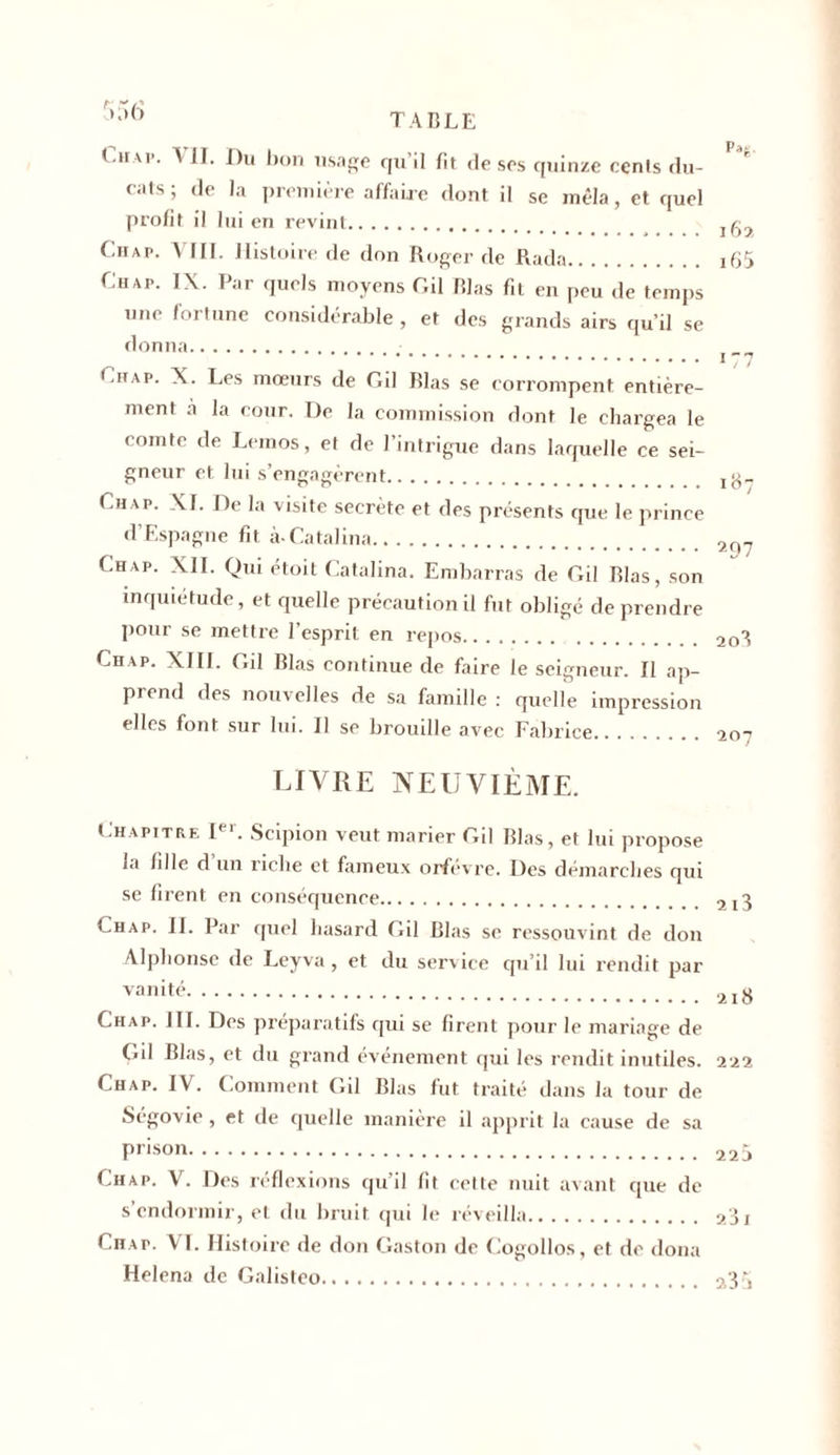 Chap- V1L Du bu «sage qu’il fit de ses quinze cents du- * ' cnts ; de la première affaire dont il se mêla, et quel profit il lui en revint jg. Ciiap. Vin. Histoire de don Roger de Rada i65 L'hap. IX. Par quels moyens Gil Blas fit en peu de temps une fortune considérable , et des grands airs qu’il se donna 177 Chap. X. Les mœurs de Gil Blas se corrompent entière- ment à la cour. De la commission dont le chargea le comte de Lemos, et de l’intrigue dans laquelle ce sei- gneur et lui s’engagèrent Chap. XI. De la visite secrète et des présents que le prince d’Espagne fit à-Catalina 207 Chap. XII. Qui étoit Catalina. Embarras de Gil Blas, son inquiétude, et quelle précaution il fut obligé de prendre pour se mettre l’esprit en repos 203 Chap. XIII. Gil Blas continue de faire le seigneur, fl ap- prend des nouvelles de sa famille : quelle impression elles font sur lui. Il se brouille avec Fabrice 207 LIVRE NEUVIÈME. Chapitre Ier. Scipion veut marier Gil Blas, et lui propose ia fille d un riche et fameux orfèvre. Des démarches qui se firent en conséquence 2I3 Chap. II. Par quel hasard Gil Blas se ressouvint de don Alphonse de Leyva, et du service qu’il lui rendit par yanité 218 Chap. III. Des préparatifs qui se firent pour le mariage de Gil Blas, et du grand événement qui les rendit inutiles. 222 Chap. IY. Comment Gil Blas fut traité dans la tour de Ségovie , et de quelle manière il apprit la cause de sa prison 225 Chap. V. Des réflexions qu’il fit cette nuit avant que de s’endormir, et du bruit qui le réveilla 23i Chap. Y I. Histoire de don Gaston de Cogollos, et de doua Helena de Galisteo 235