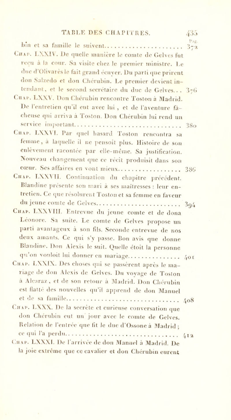 bîn et sa famille le suivent. 3-^ Chap. LWB . J)e f|uelle manière le comte de Gelves fut reçu à la cour. Sa visite chez le premier ministre. Le due d Olivarès le fait grand écuyer. l)u parti &lt;pie prirent don Salzedo et don Chérubin. Le premier devient in¬ tendant. et le second secrétaire du duc de Gelves... 37G Ch vp. LXXV. Don Chérubin rencontre Toston à Madrid. De l’entretien qu’il eut avec lui , et de l’aventure fâ¬ cheuse qui arriva à Toston. Don Chérubin lui rend un service important. Ch vp. LXXM. Par quel hasard Toston rencontra sa femme, a laquelle il ne pensoit plus. Histoire de son enlèvement racontée par elle-même. Sa justification. Nouveau changement que ce récit produisit dans son cœur. Scs affaires en vont mieux. 3 SG Cnvp. LXXVÏI. Continuation du chapitre précédent. Blandine présente son mari à ses maîtresses : leur en¬ tretien. Ce que résolurent Toston et sa femme en faveur du jeune comte de Gelves. 3^ Cuap. LXXYIII. Entrevue du jeune comte et de doua Léonore. Sa suite. Le comte de Gelves propose un parti avantageux à son fils. Seconde entrevue de nos deux amants. Ce qui s’y passe. Bon avis que donne Blandine. Don Alexis le suit. Quelle étoit la personne qu on vonloit lui donner en mariage. /(oi Chap. LWIX. Des choses qui se passèrent après le ma¬ riage de don Alexis de Gelves. Du voyage de Toston a Alcaraz, et de son retour à Madrid. Don Chérubin est flatté' des nouvelles qu’il apprend de don Manuel et de sa famille. Chip. TAXX. De la secrète et curieuse conversation que don Chérubin eut un jour avec le comte de Gelves. Relation de l’entrée que fit le duc d’Ossonc à Madrid- ce qui l’a perdu. / , 2 Ciiap. LXXXI. De l’arrivée de don Manuel à Madrid. l)e la joie extrême que ce cavalier et don Chérubin eurent