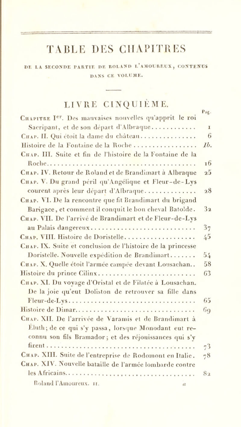 TABLE DES CHAPITRES DE LA. SECONDE PARTIE DE ROLAND l’aMOUREUX, CONTENUS DANS CE VOLUME. livre cinquième. Ch apitre Ier. Des mauvaises nom elles qu’apprit le roi Sacripant, et de son départ d’Albraque. Chap. II. Qui étoit la dame du château. Histoire de la Fontaine île la Roche. Chap. III. Suite et fui de l’histoire de la Fontaine de la Roche. Chap. IV. Retour de Roland et de Brandimart à Albraque Chap. V. Du grand péril qu’Angélique et Fleur-de-Lys courent après leur départ d’Albraque. Chap. VI. De la rencontre que fit Brandimart du brigand Barigace, et comment il conquit le bon cheval Batolde. Chap, VII. De l’arrivé de Brandimart et de Fleur-de-Lys au Palais dangereux. Chap. VIII. Histoire de Doristelle. Chap. IX. Suite et conclusion de l’histoire de la princesse Doristelle. Nouvelle expédition de Brandimart. Chap. X. Quelle étoit l’armée campée devant Lousachan.. Histoire du prince Cilinx. Chap. XI. Du voyage d’Oristal et de Filatée à Lousachan. De la joie qu’eut Doliston de retrouver sa fille dans Fleur-de-Lys. Histoire de Diinar. Chap. XII. De l’arrivée de Varamis et de Brandimart à Kluth; de ce qui s’y passa, lorsque Monodant eut re¬ connu son fils Bramador; et des réjouissances qui s’y firent. Chap. XIII. Suite de l’entreprise de Rodomont en Italie. Chap. XIV . Nouvelle bataille de l’armée lombarde contre les Africains. Pag. 6 1b. 16 25 28 32 37 45 54 58 G3 G 5 % 82 a