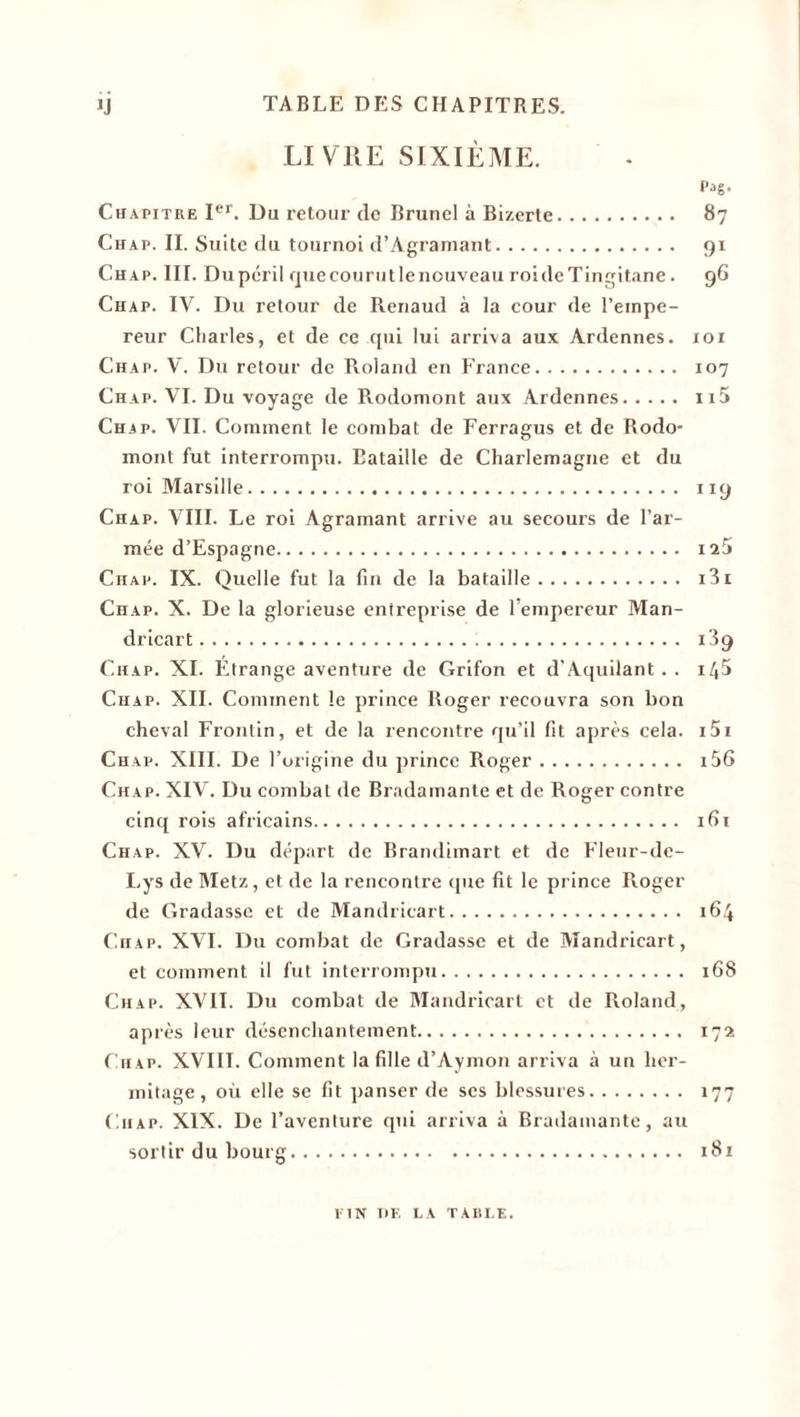 LIVRE SIXIÈME. Pag. Chapitre Ier. Du retour de Brunei à Bizerlc. 87 Chap. II. Suite du tournoi d’Agramant. 91 Chap. III. Du péril quecourutlenouveau roideTingitane. 96 Chap. IV. Du retour de Renaud à la cour de l’einpe- reur Charles, et de ce qui lui arriva aux Ardennes. 101 Chap. V. Du retour de Pvoland en France. 107 Chap. VI. Du voyage de Rodomont aux Ardennes. n5 Chap. VII. Comment le combat de Ferragus et de Rodo¬ mont fut interrompu. Bataille de Charlemagne et du roi Marsille... 119 Chap. VIII. Le roi Agramant arrive au secours de l’ar¬ mée d’Espagne. iî5 Chap. IX. Quelle fut la fin de la bataille. i3i Chap. X. De la glorieuse entreprise de l’empereur Man- dricart. 139 Chap. XI. Etrange aventure de Grifon et d’Aquilant. . i45 Chap. XII. Comment le prince Roger recouvra son bon cheval Frontin, et de la rencontre qu’il fit après cela. i5i Chap. XIII. De l’origine du prince Roger. i56 Chap. XIV. Du combat de Bradamante et de Roger contre cinq rois africains. ifii Chap. XV. Du départ de Brandimart et de Fleur-de- Lys de Metz, et de la rencontre que fit le prince Roger de Gradasse et de Mandricart. 164 CnAP. XVI. Du combat de Gradasse et de Mandricart, et comment il fut interrompu. 168 Chap. XVII. Du combat de Mandricart et de Roland, après leur désenchantement. 172 Chap. XVIII. Comment la fille d’Aymon arriva à un lier- mitage , où elle se fit panser de ses blessures. 177 Chap. XIX. De l’aventure qui arriva à Bradamante, au sortir du bourg. 181 11N nv. LA TABLE.